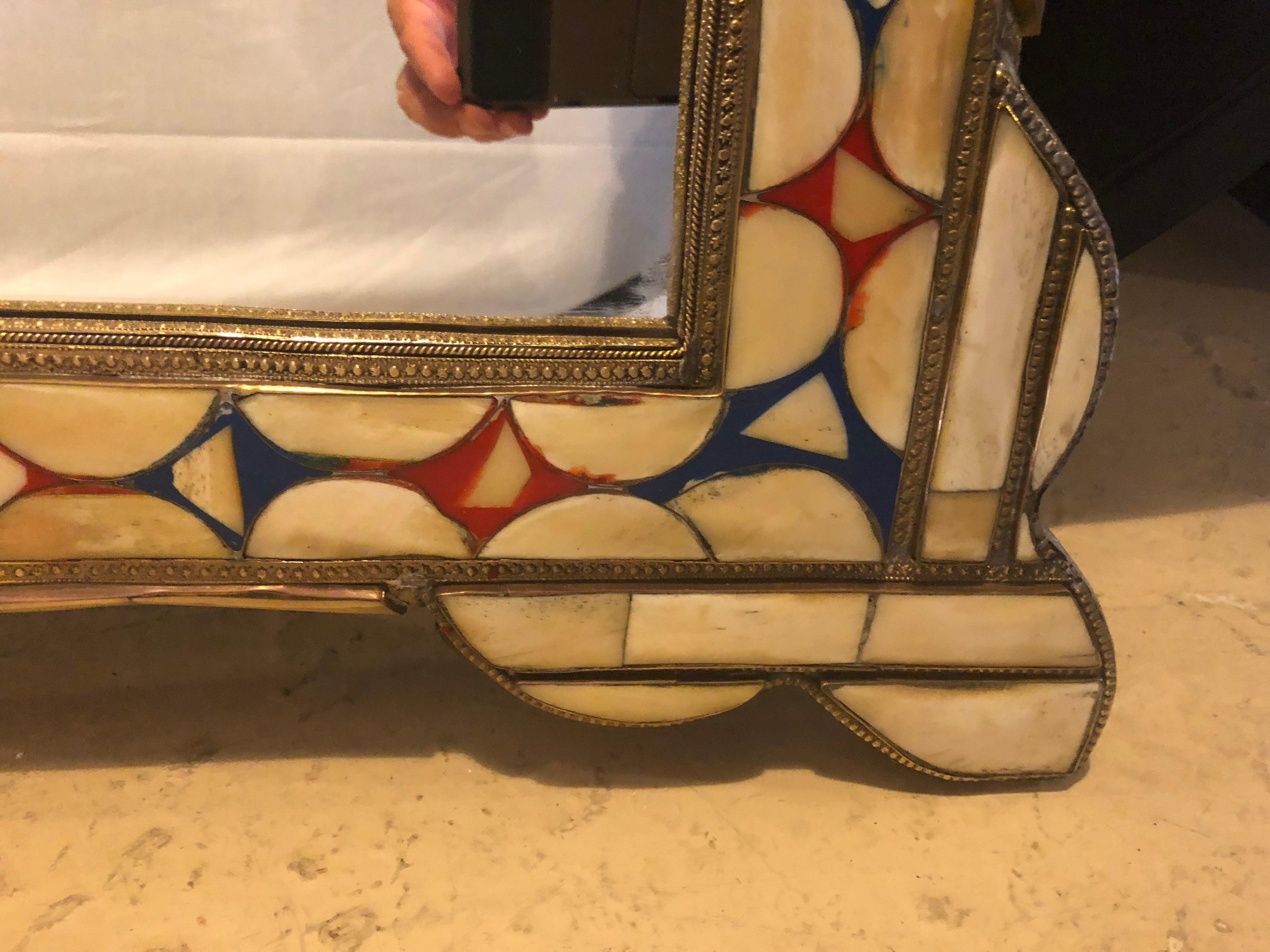 Late 20th Century Moroccan Hollywood Regency Style Floor or Wall Mirror in Bone over Brass Inlay 