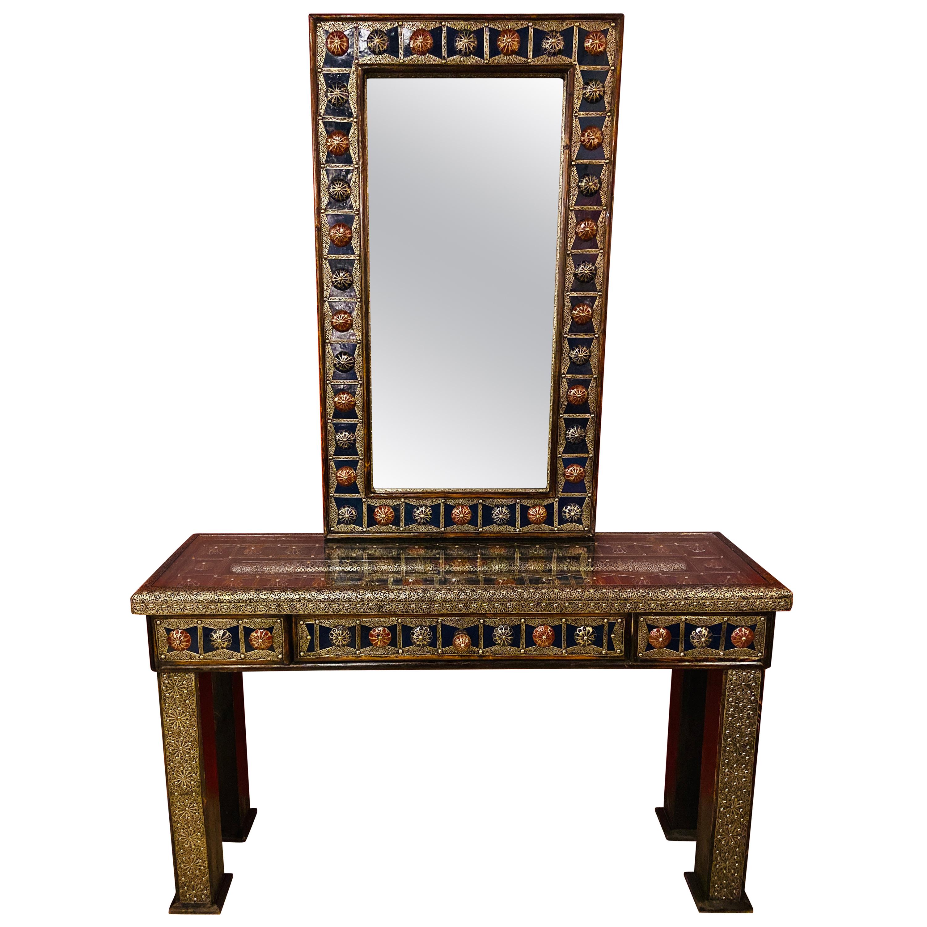 Hollywood Regency Style Console & Mirror in Filligree Brass & Stones