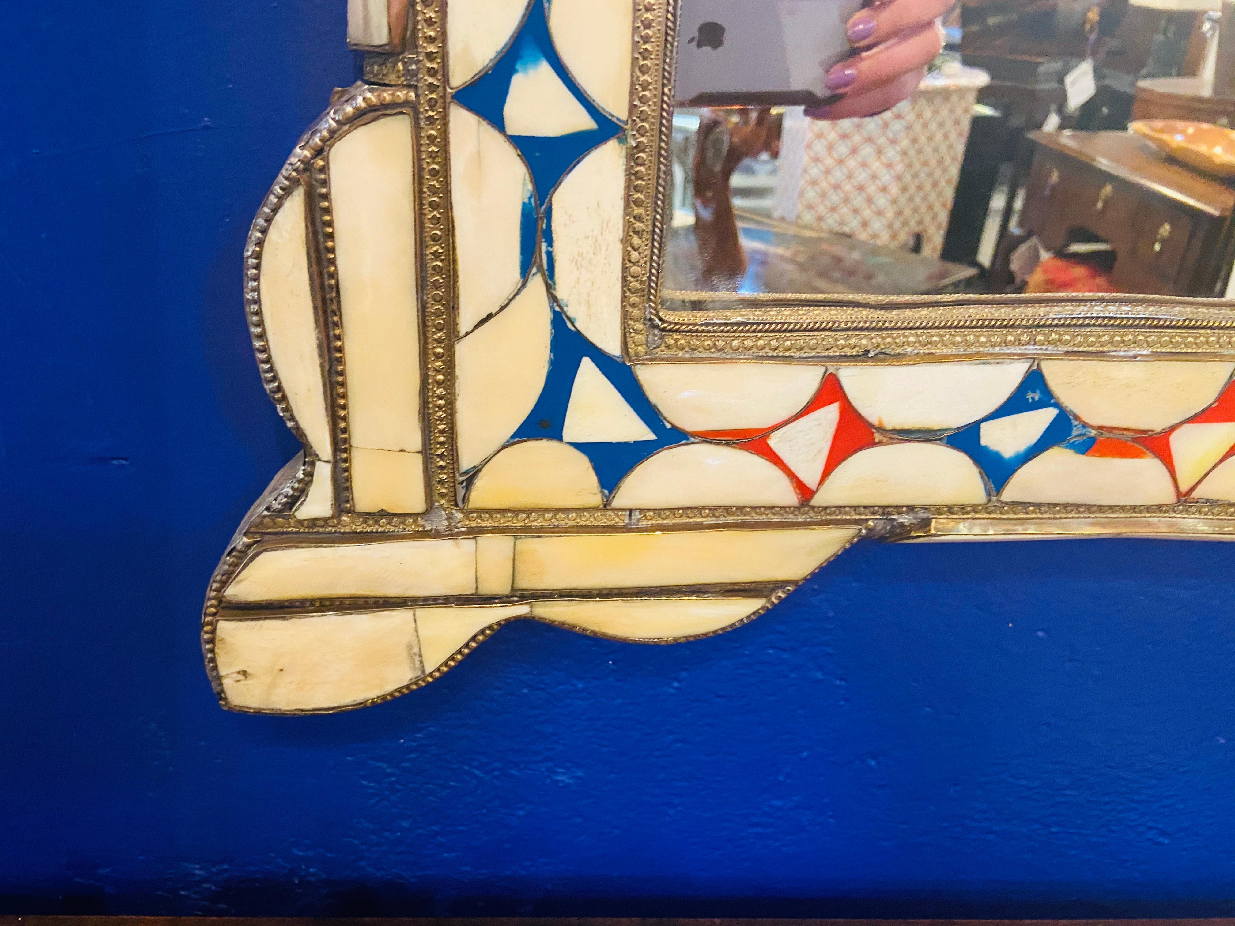 Moroccan Hollywood Regency Style Floor or Wall Mirror in Bone over Brass Inlay  4