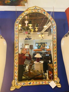 Moroccan Hollywood Regency Style Floor or Wall Mirror in Bone over Brass Inlay