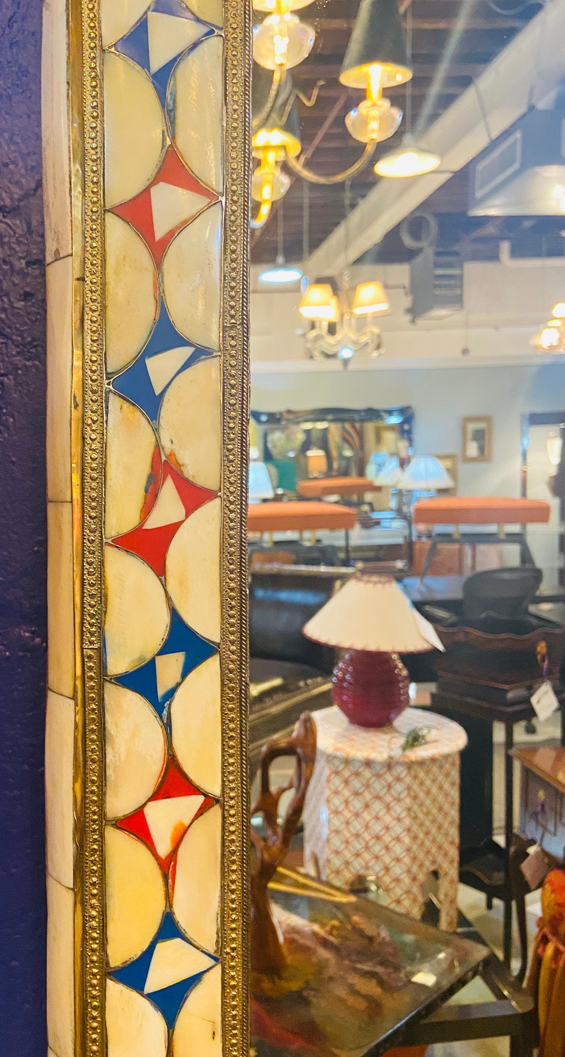 Moroccan Hollywood Regency Style Floor or Wall Mirror in Bone over Brass Inlay  2