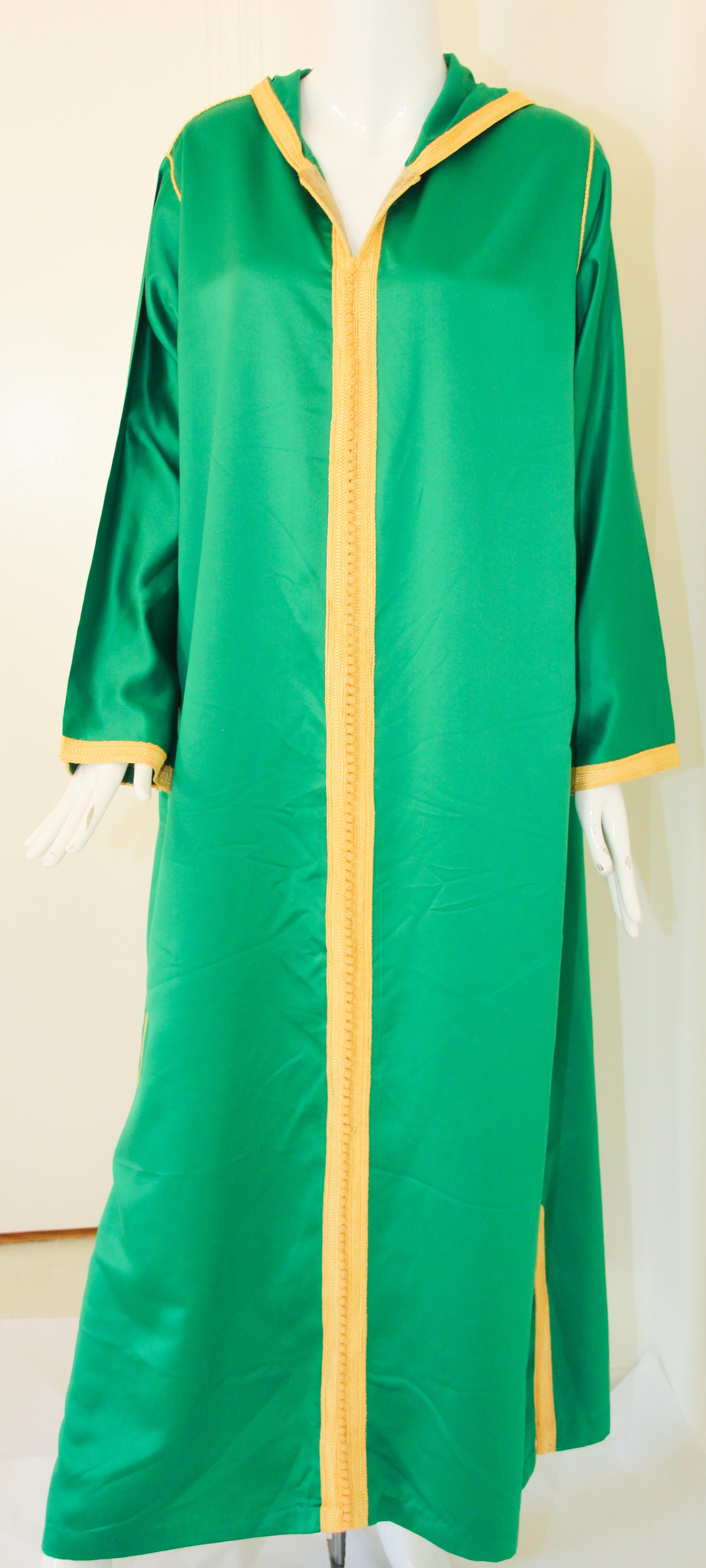 Embroidered Moroccan Hooded Caftan Emerald Green Djellabah Kaftan For Sale