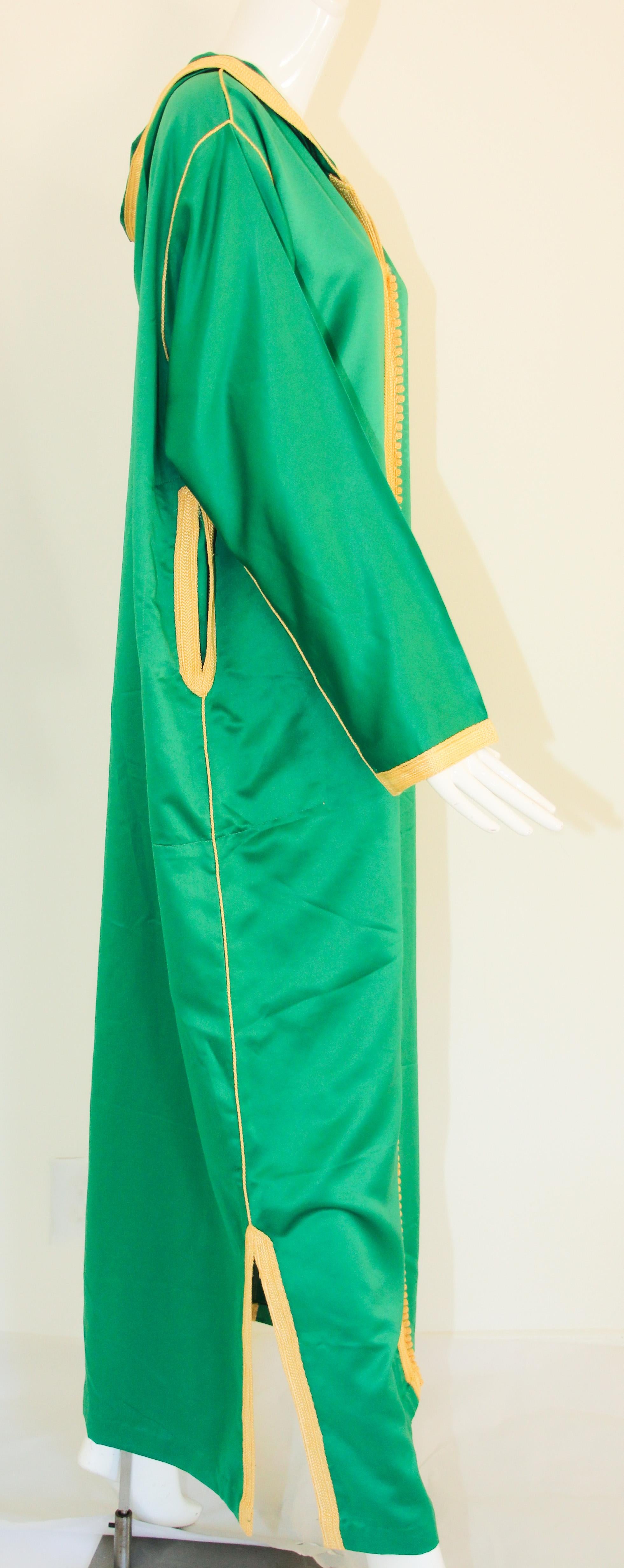 Silk Moroccan Hooded Caftan Emerald Green Djellabah Kaftan For Sale