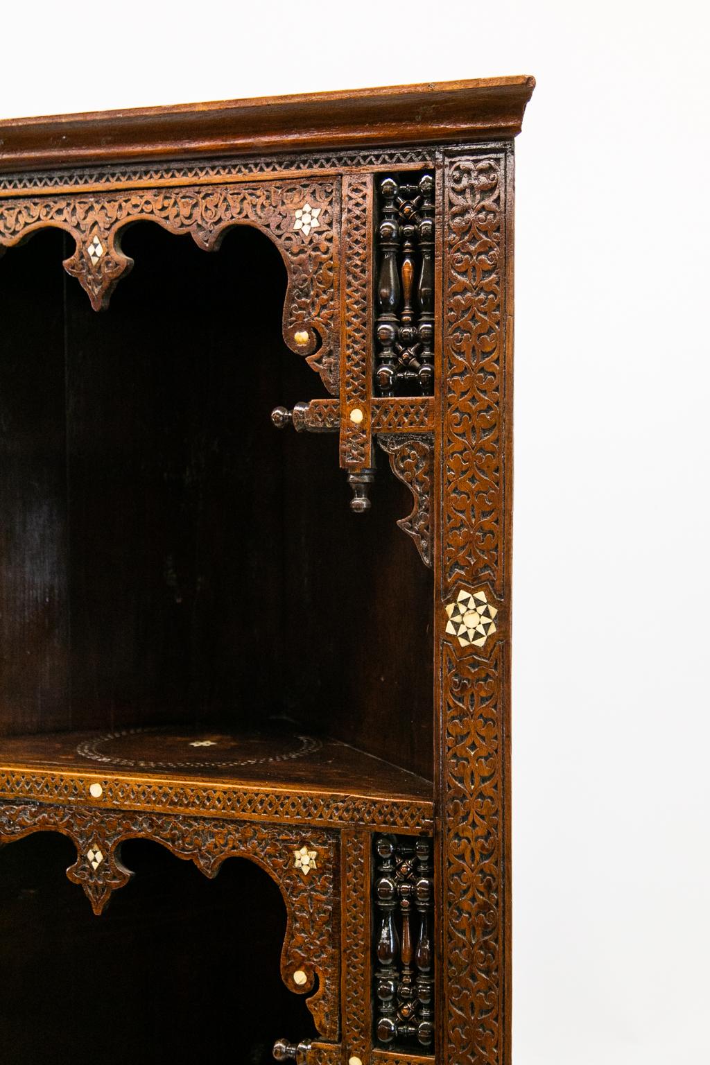 Hand-Carved Moroccan Inlaid Corner Cupboard