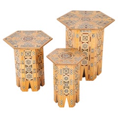 Moroccan Inlaid Hexagonal Inlaid Side Tables, Set of Three