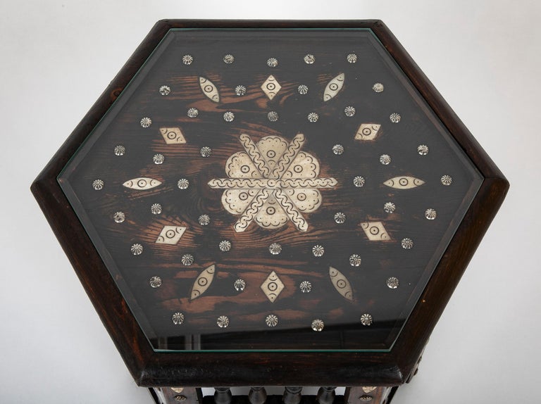Bone Moroccan Inlaid Hexagonal Side Table with Brass Nail Heads For Sale