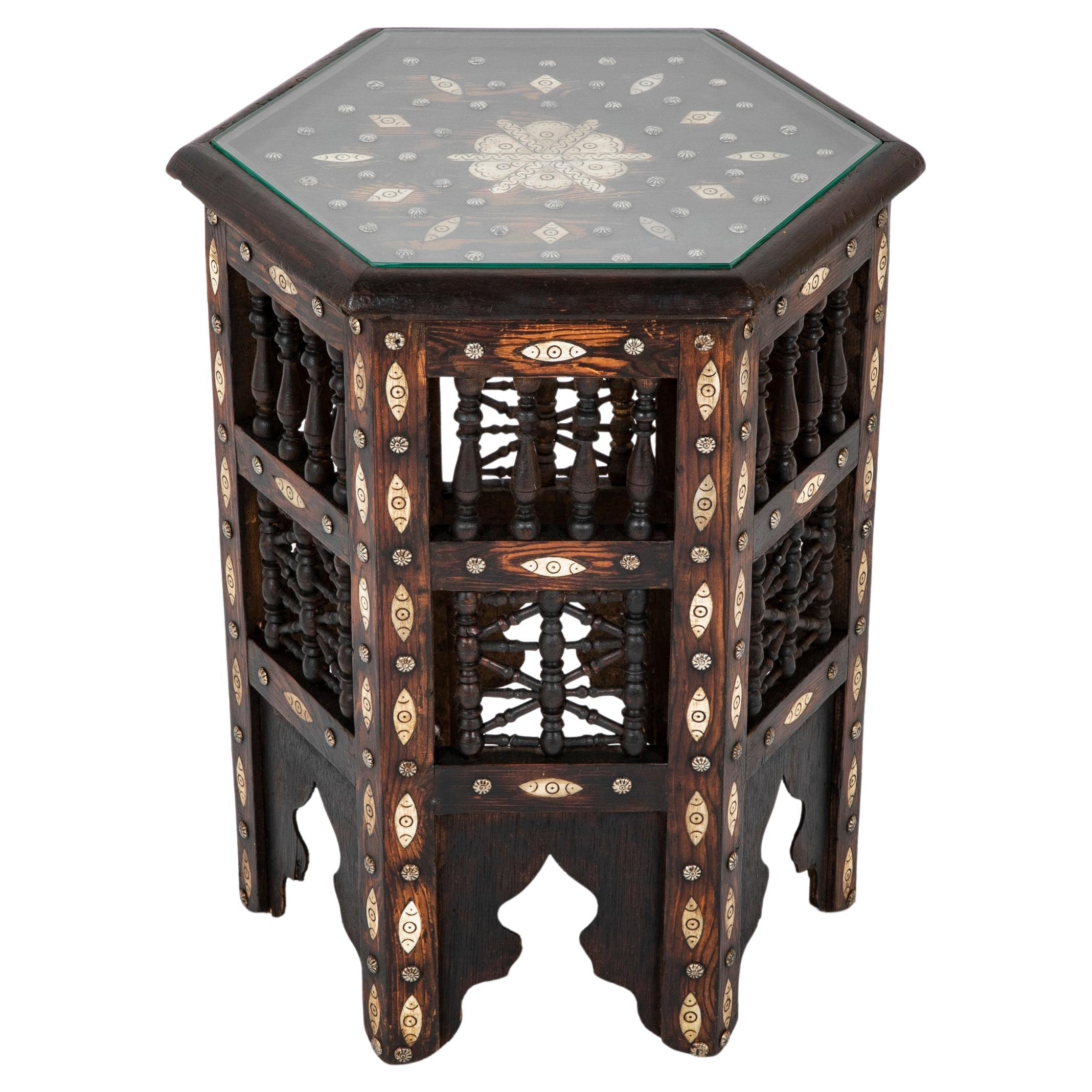 Moroccan Inlaid Hexagonal Side Table with Brass Nail Heads
