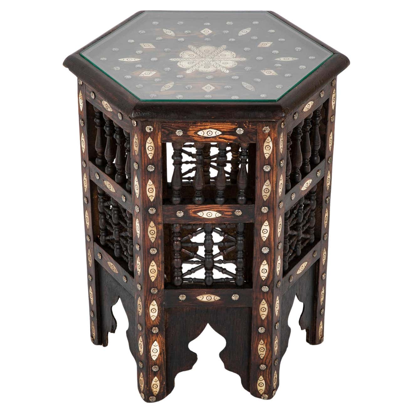 Checker Inlay Side Table Moroccan Inlaid Hexagonal Side Table with Brass Nail Heads For Sale at ...