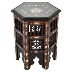 Vintage Moroccan Inlaid Hexagonal Side Table with Brass Nail Heads