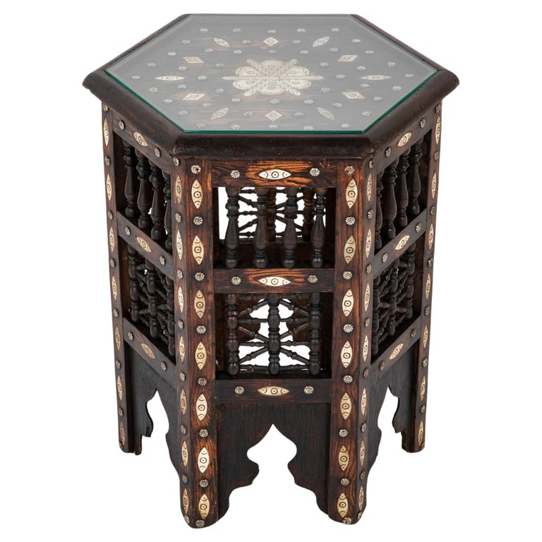 Moroccan Inlaid Hexagonal Side Table with Brass Nail Heads For Sale