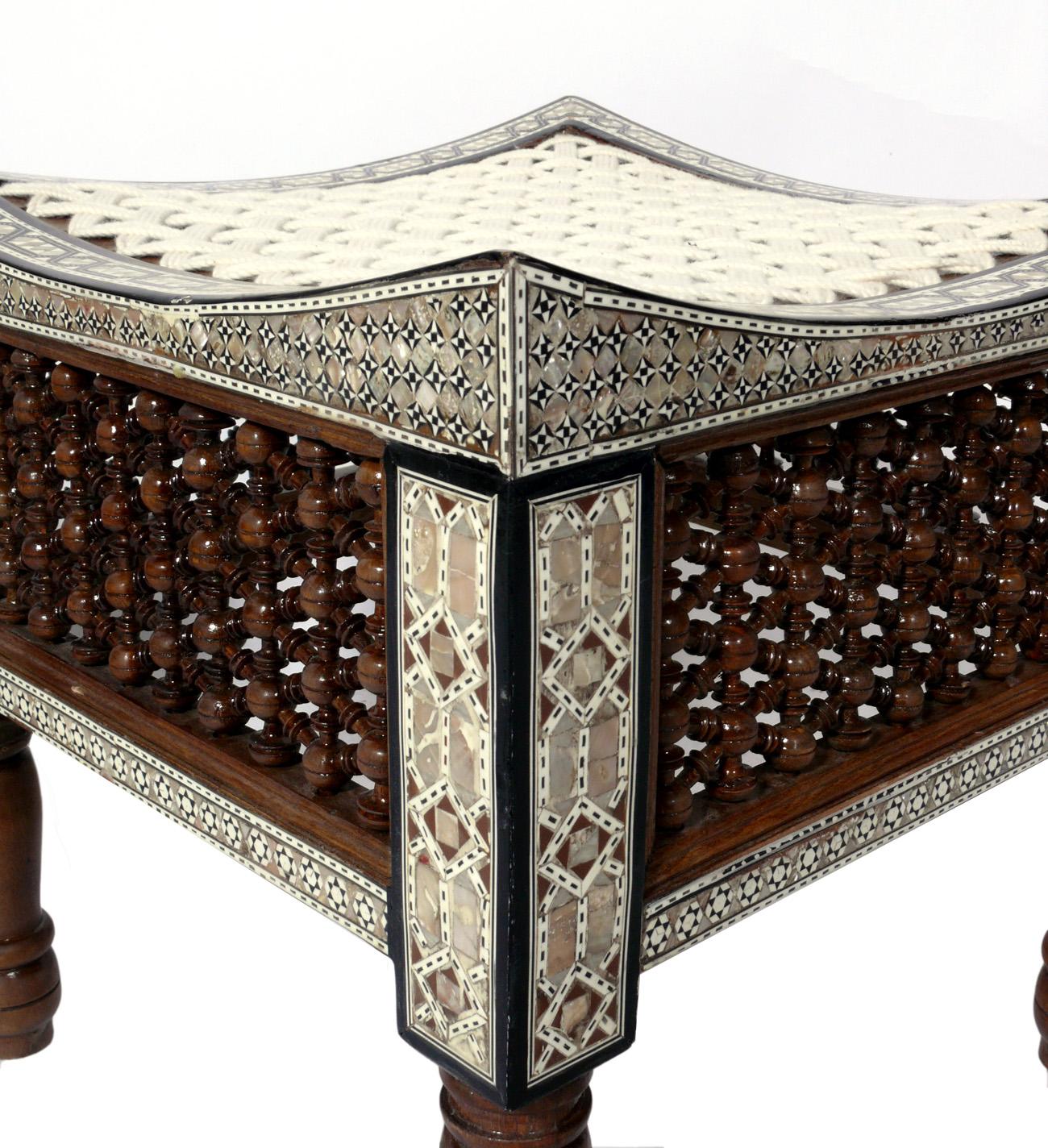 Moroccan inlaid stools, in the manner of Carlo Bugatti, Morocco, 20th century. We have two pairs available. They are priced at $1800 per pair.