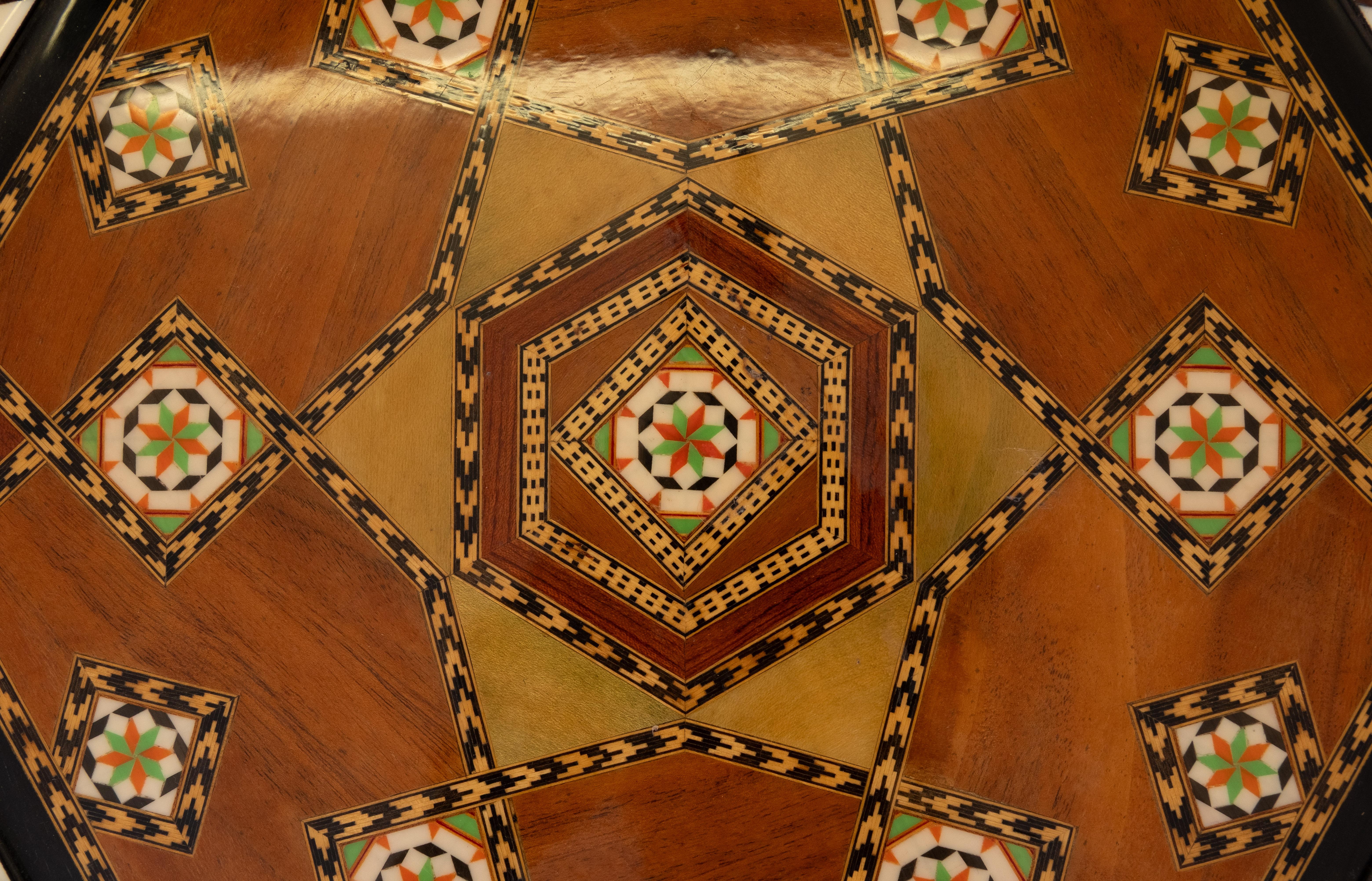 Wood Moroccan inlay  hexagonal side table  1960s For Sale
