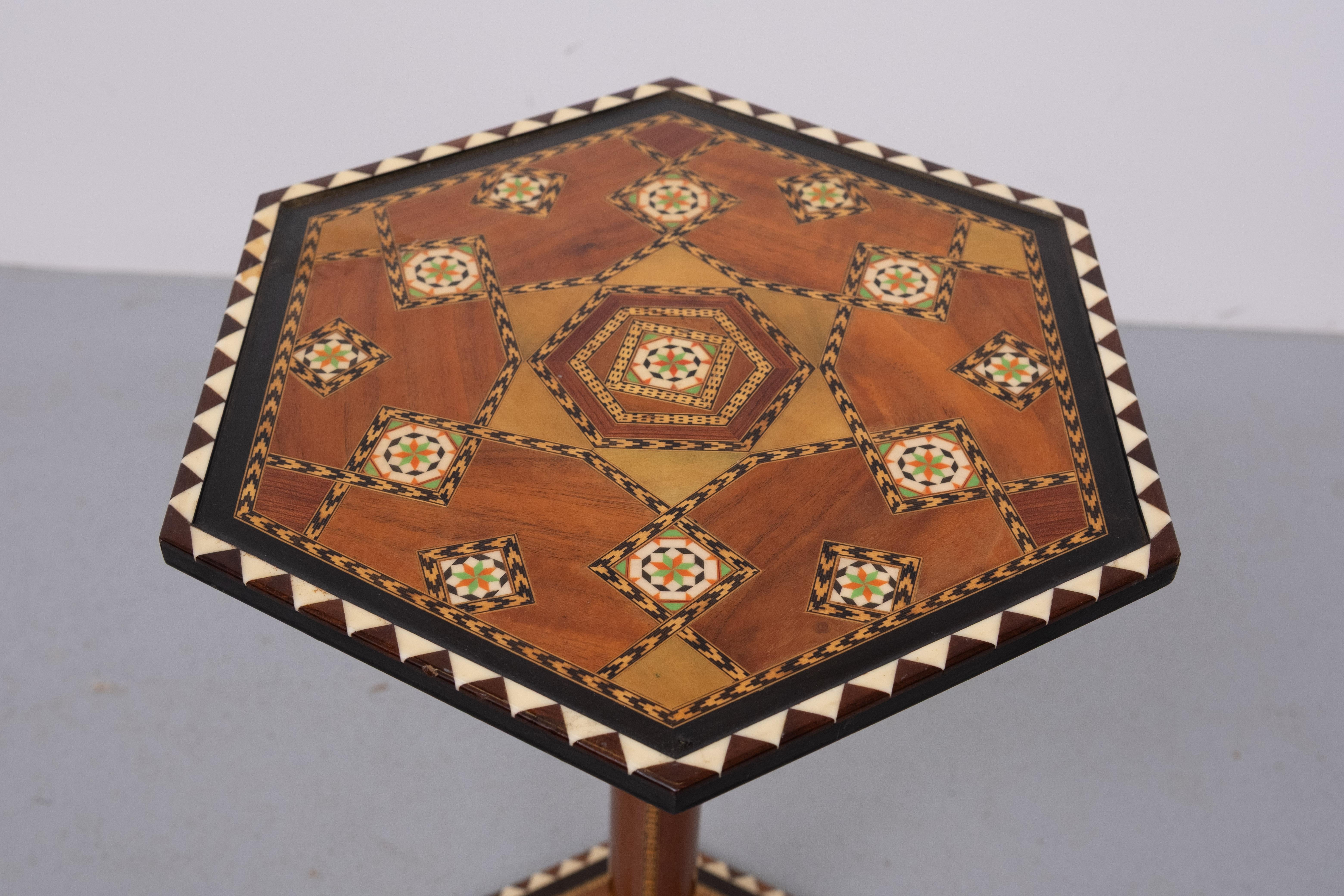 Moroccan inlay  hexagonal side table  1960s For Sale 2