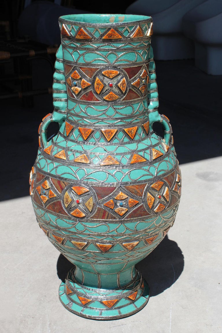 Moroccan Inlay Highly Decorated Ceramic Vase With Metal And Bone For 