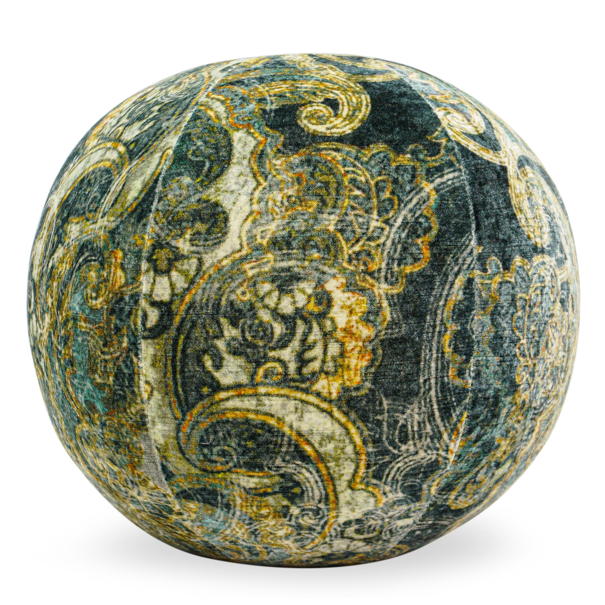 Distressed looking printed velvet in golds, blues and greens. Works well with bohemian and moroccan motifs.

Measurements:
Overall: 12”W x 12”H
Disclaimer: Due to their handcrafted nature, the final size and shape of our Ball Pillows may vary