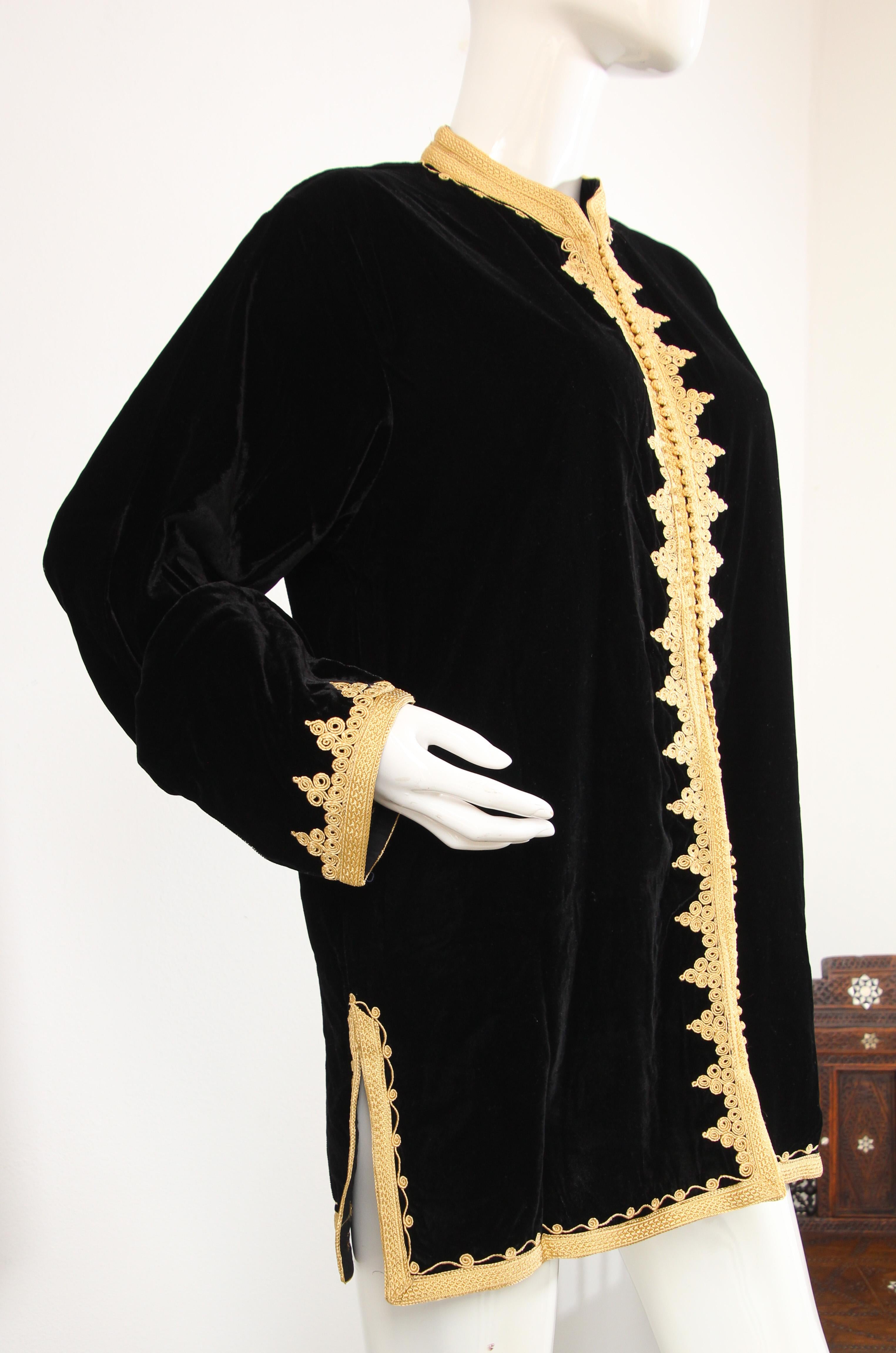 Fabric Moroccan Kaftan Black Velvet Vest with Gold Embroideries For Sale