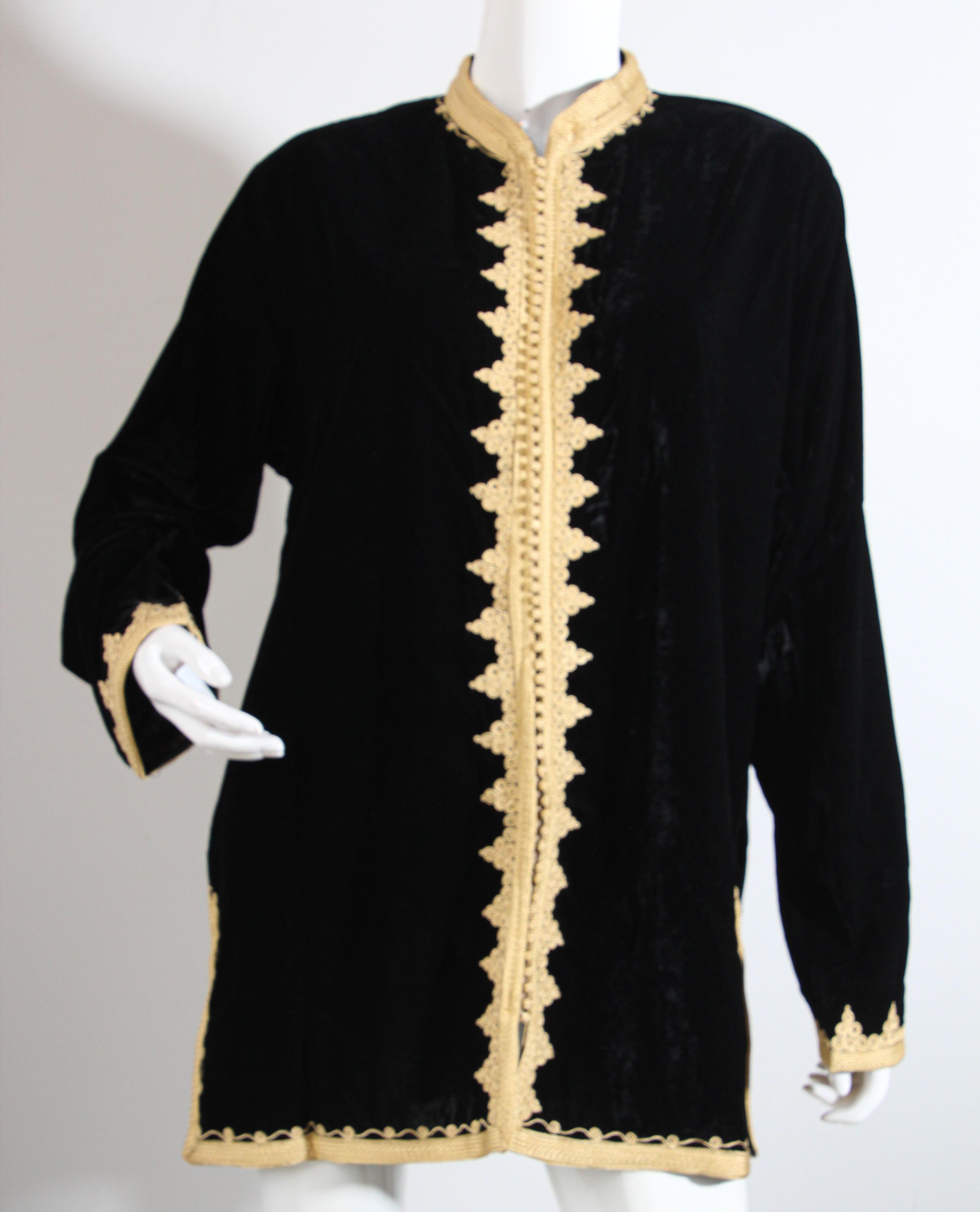 Embroidered Moroccan Kaftan Black Velvet Vest with Gold Embroideries For Sale