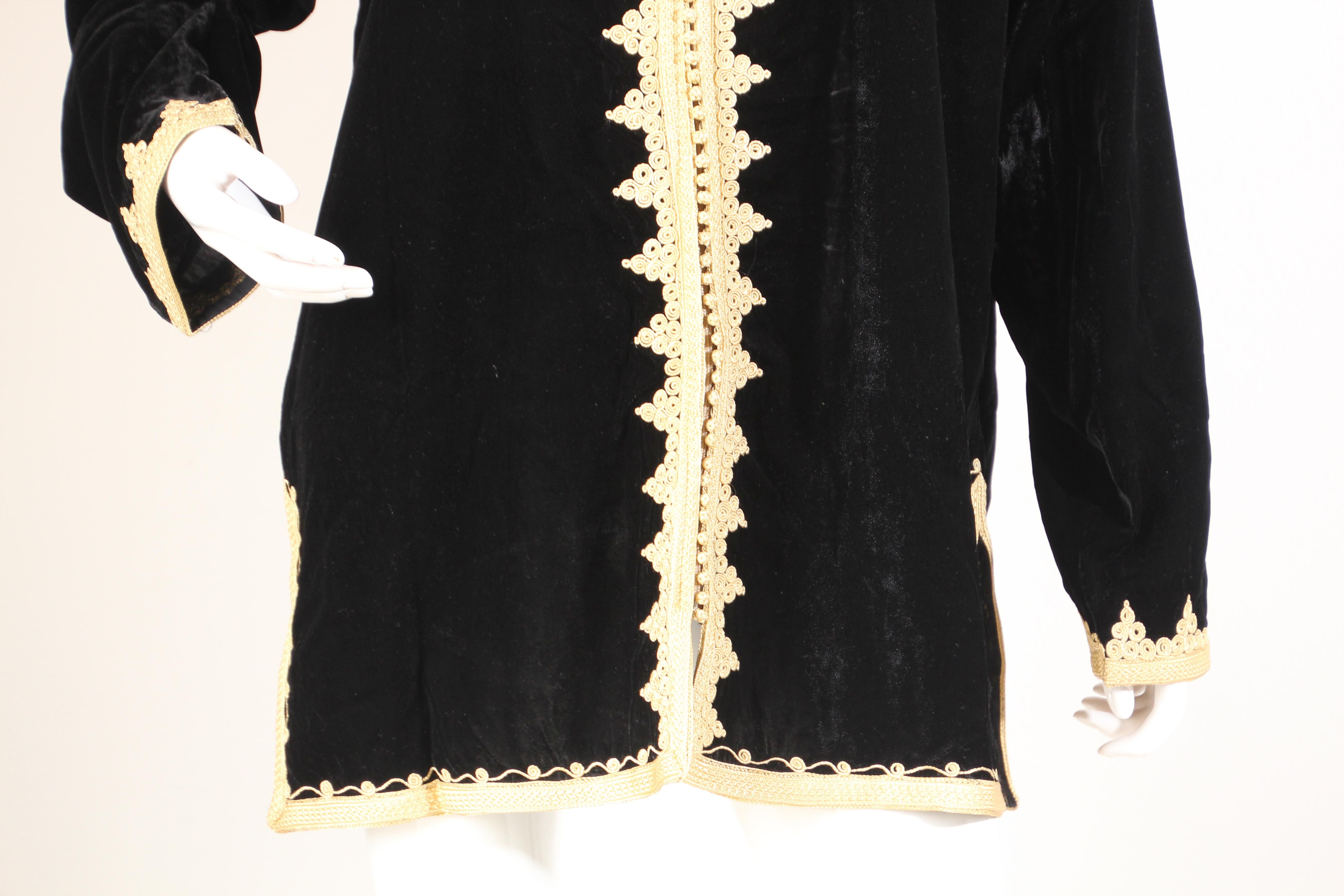 Fabric Moroccan Kaftan Black Velvet Vest with Gold Embroideries For Sale