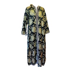 Moroccan Kaftan In Black Satin Brocaded With Golden Blades - Circa 1950-60