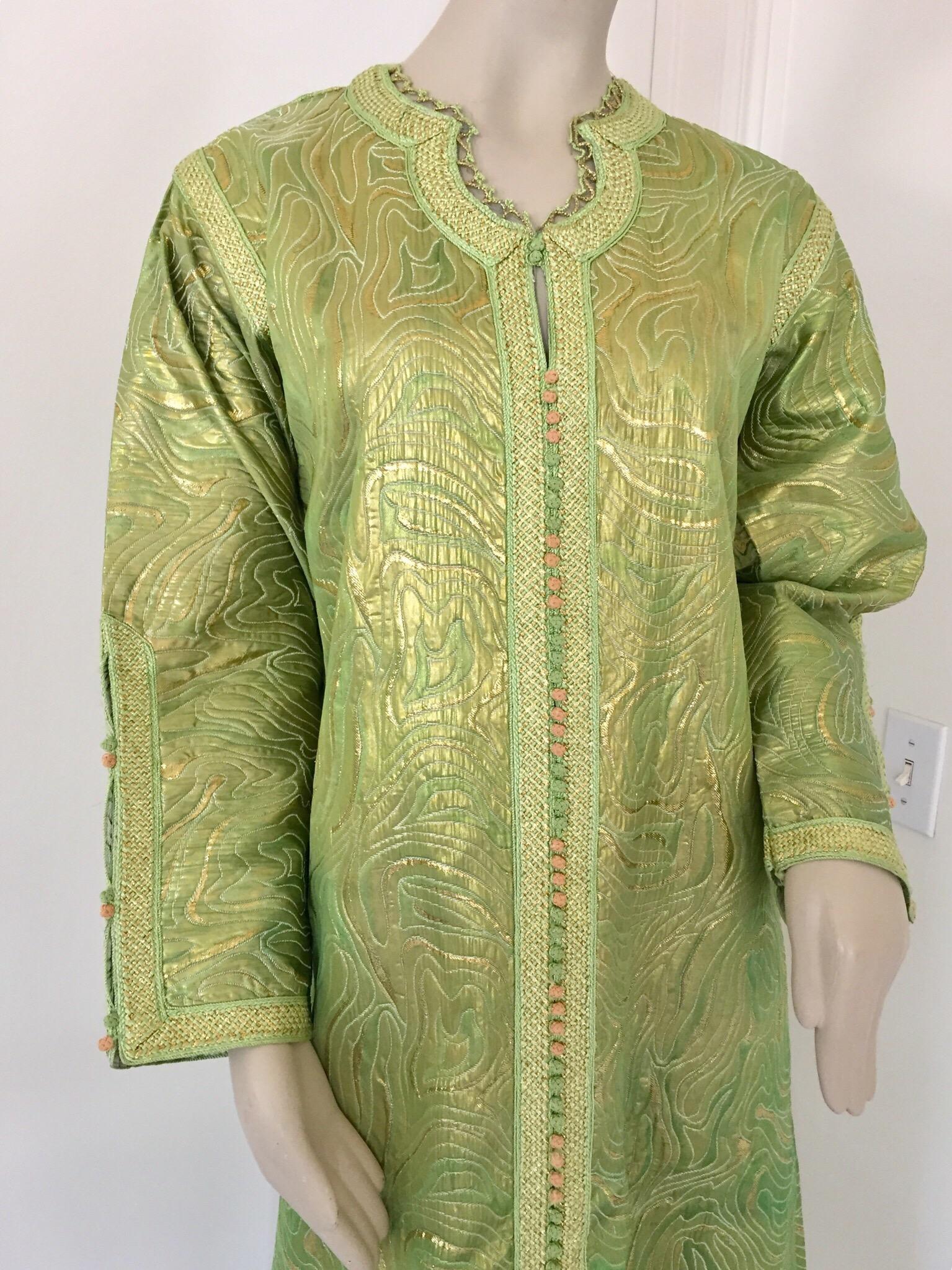 Moorish Moroccan Kaftan in Green and Gold Brocade Metallic Lame For Sale