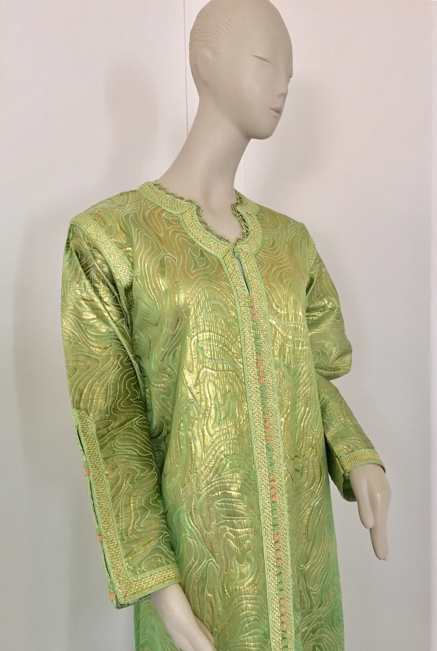 Hand-Crafted Moroccan Kaftan in Green and Gold Brocade Metallic Lame For Sale
