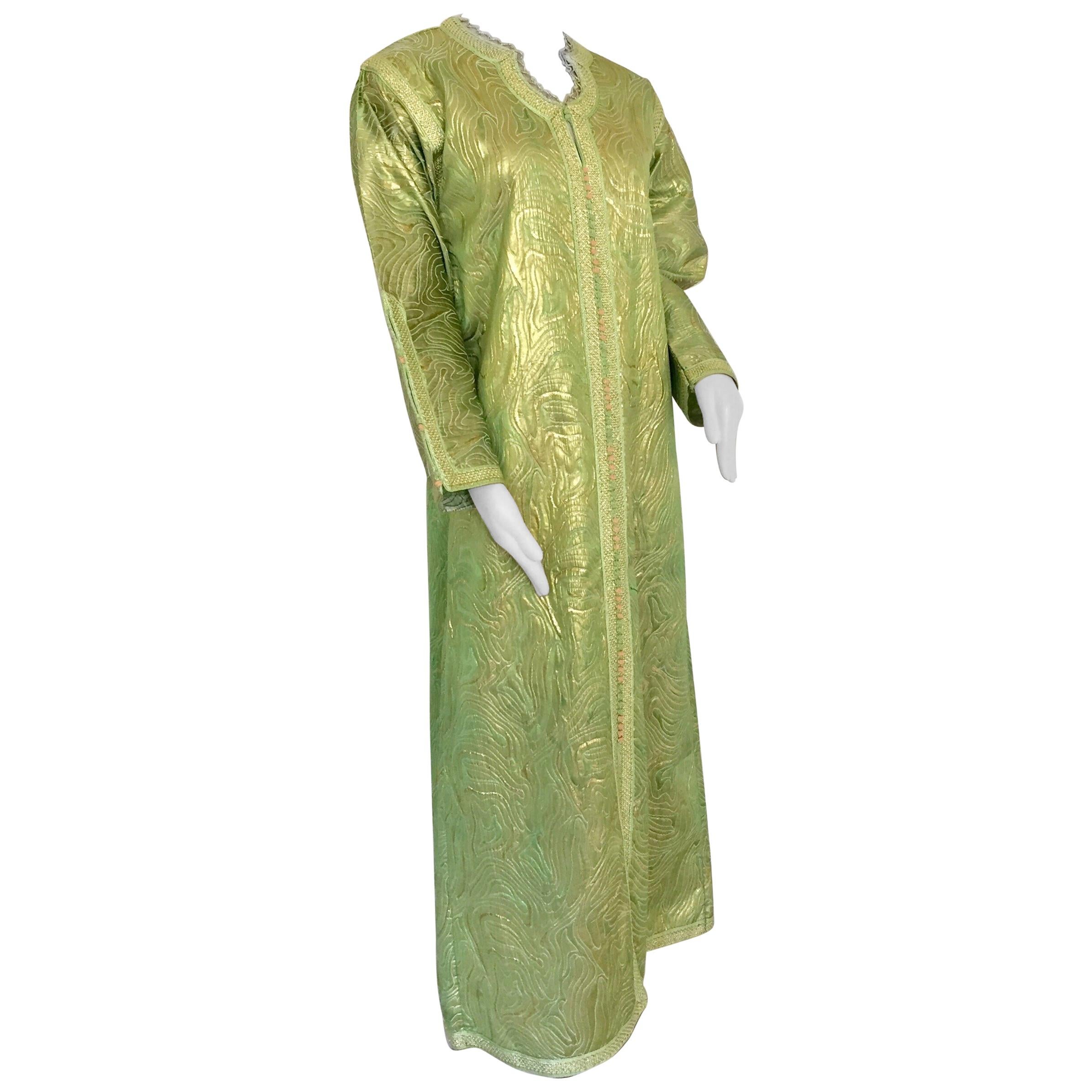 Moroccan Kaftan in Green and Gold Brocade Metallic Lame For Sale