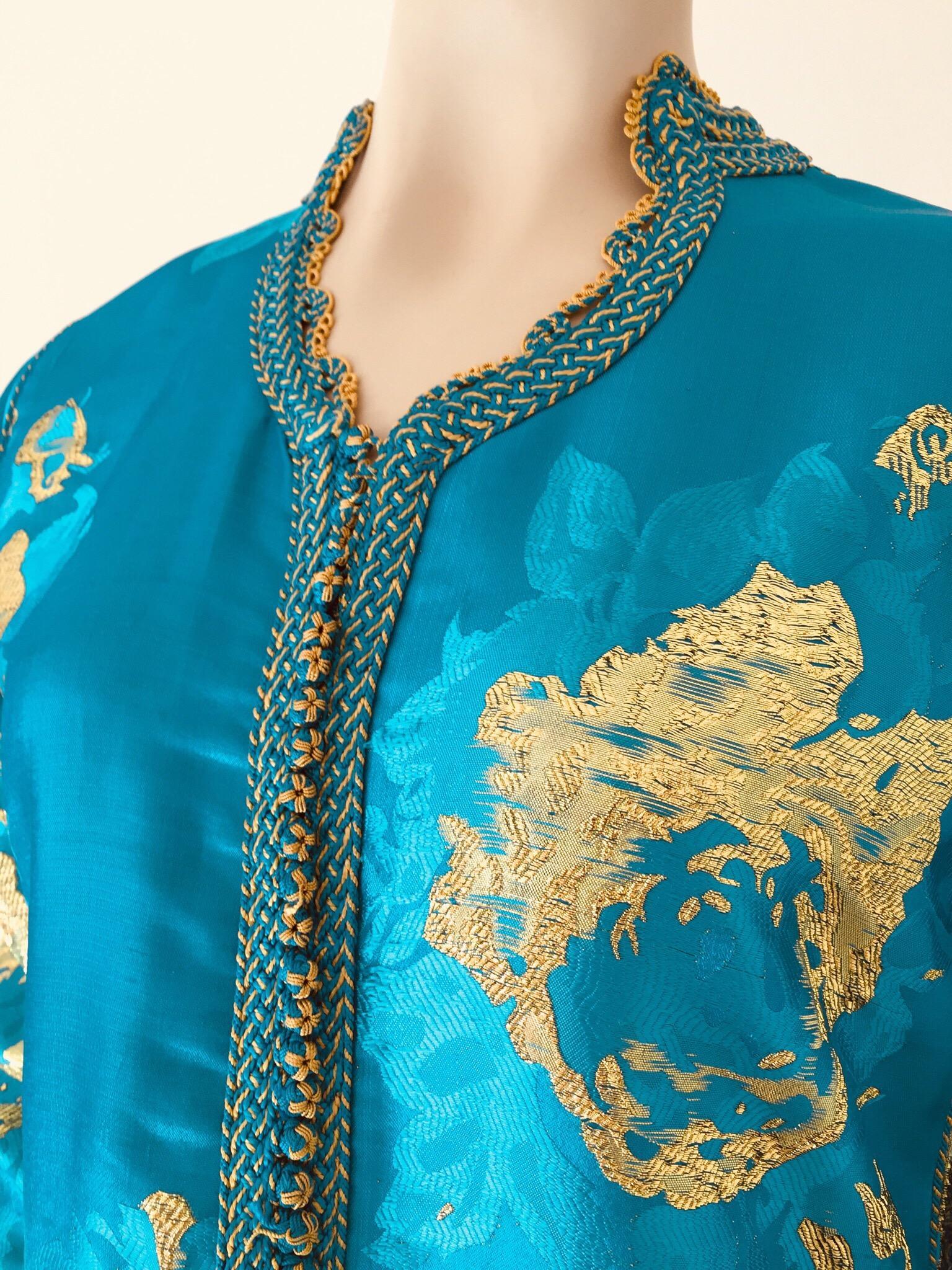 Moroccan Kaftan in Turquoise and Gold Floral Brocade Metallic Lame 3