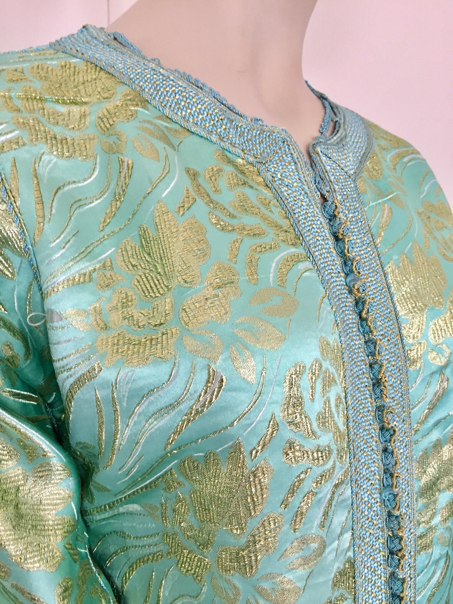 Moroccan Kaftan in Turquoise and Gold Floral Brocade Metallic Lame For Sale 2