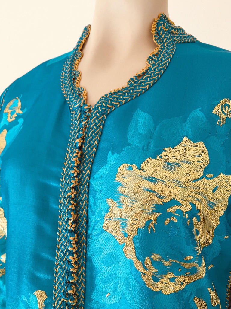 Moroccan Kaftan in Turquoise and Gold Floral Brocade Metallic Lame For Sale 3