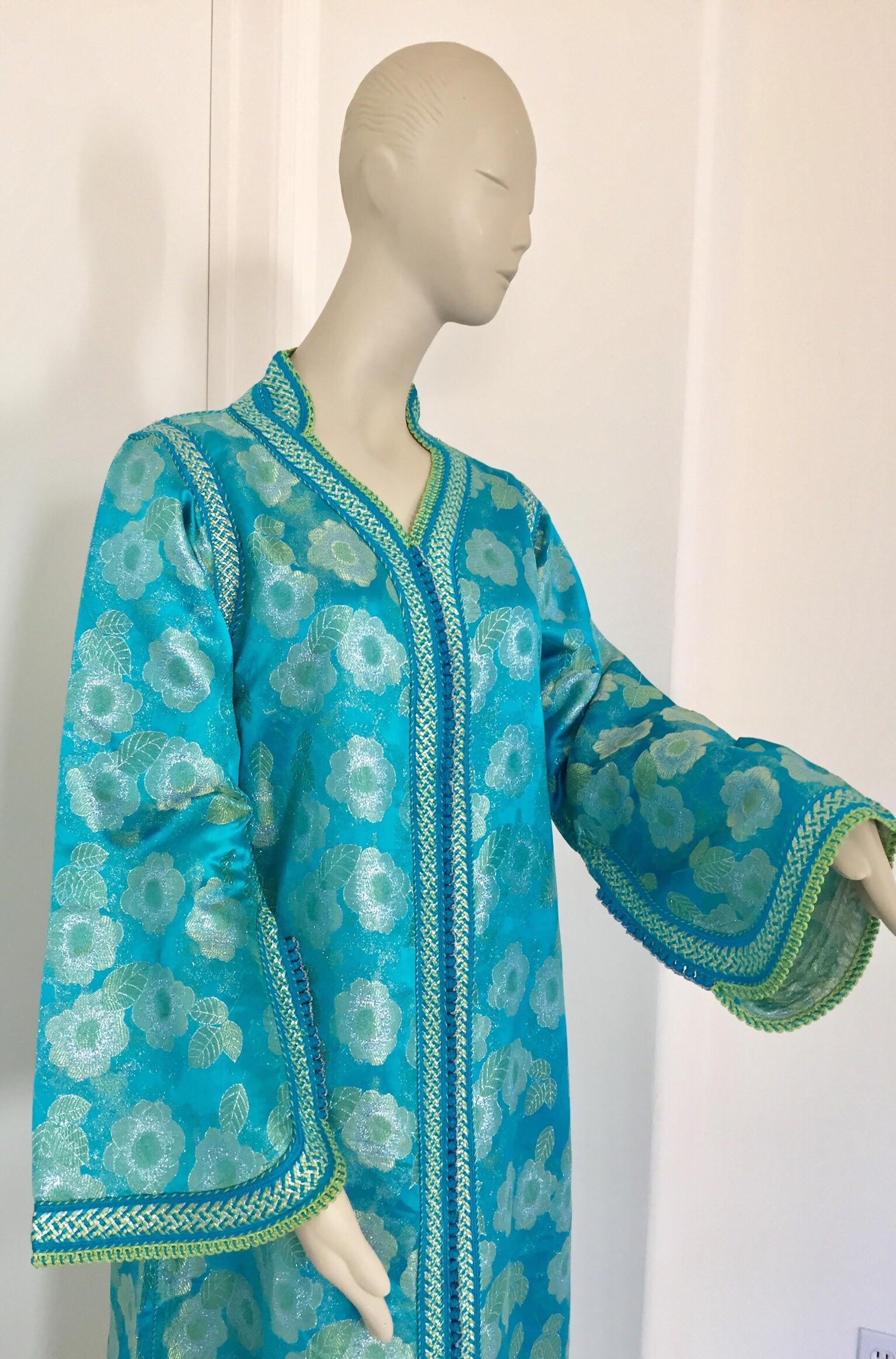 Fabric Vintage Moroccan Kaftan in Turquoise and Gold Floral Brocade For Sale