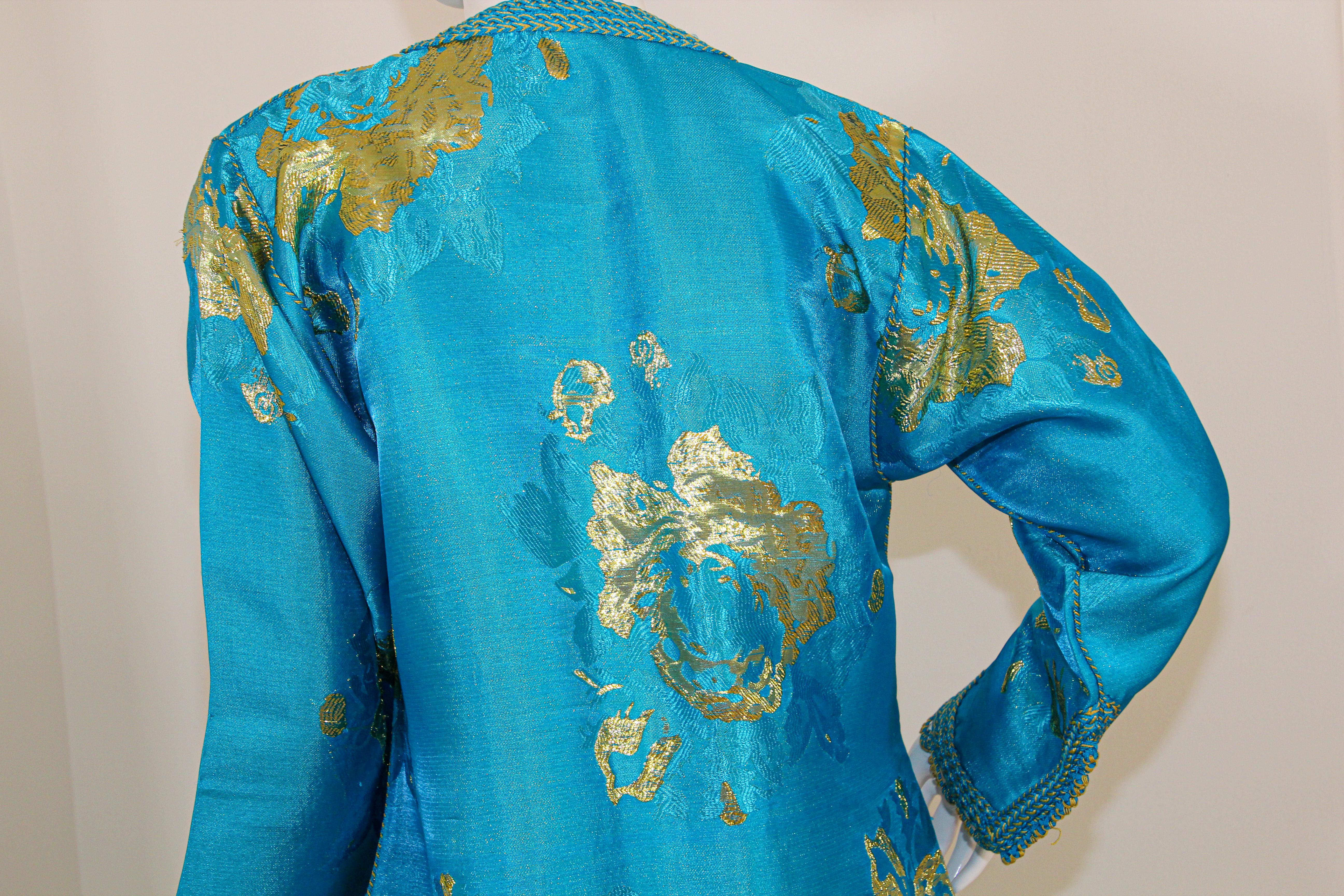 Moroccan Kaftan in Turquoise and Gold Floral Brocade Metallic Lame 4