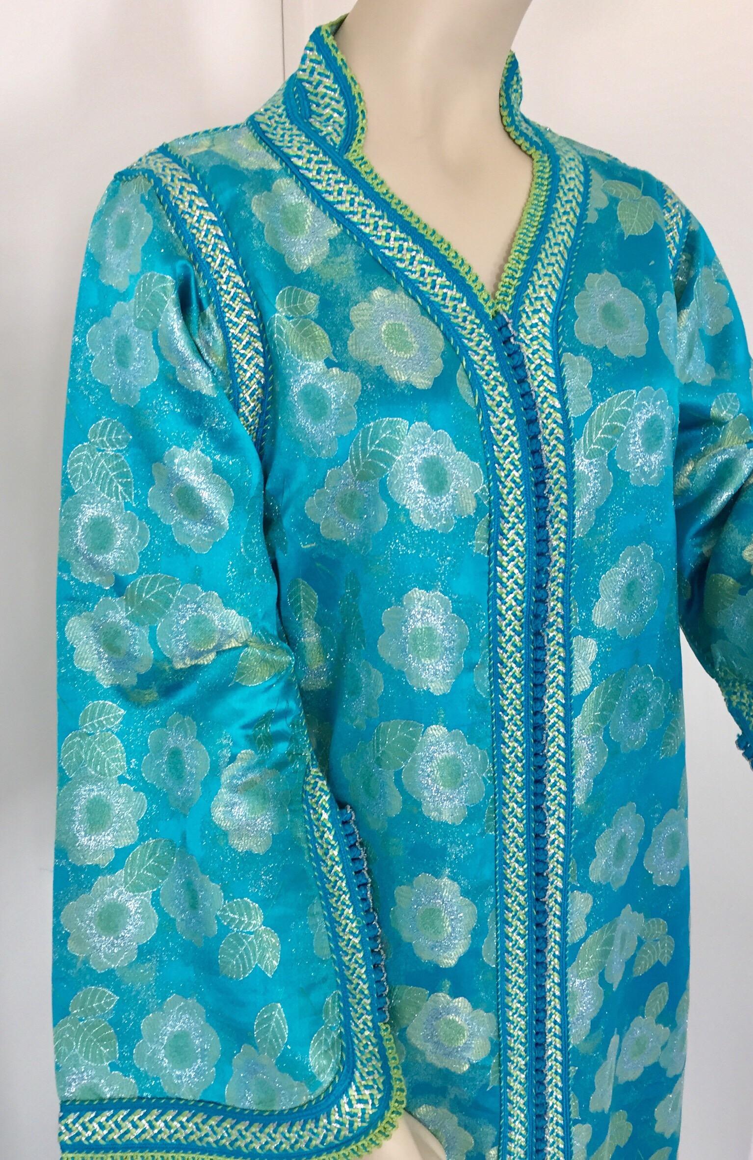 Vintage Moroccan Kaftan in Turquoise and Gold Floral Brocade For Sale 1