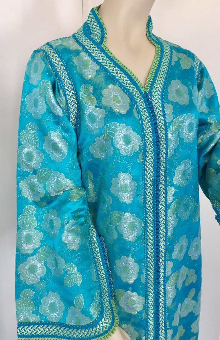 Moroccan Kaftan in Turquoise and Gold Floral Brocade Metallic Lame For Sale 4