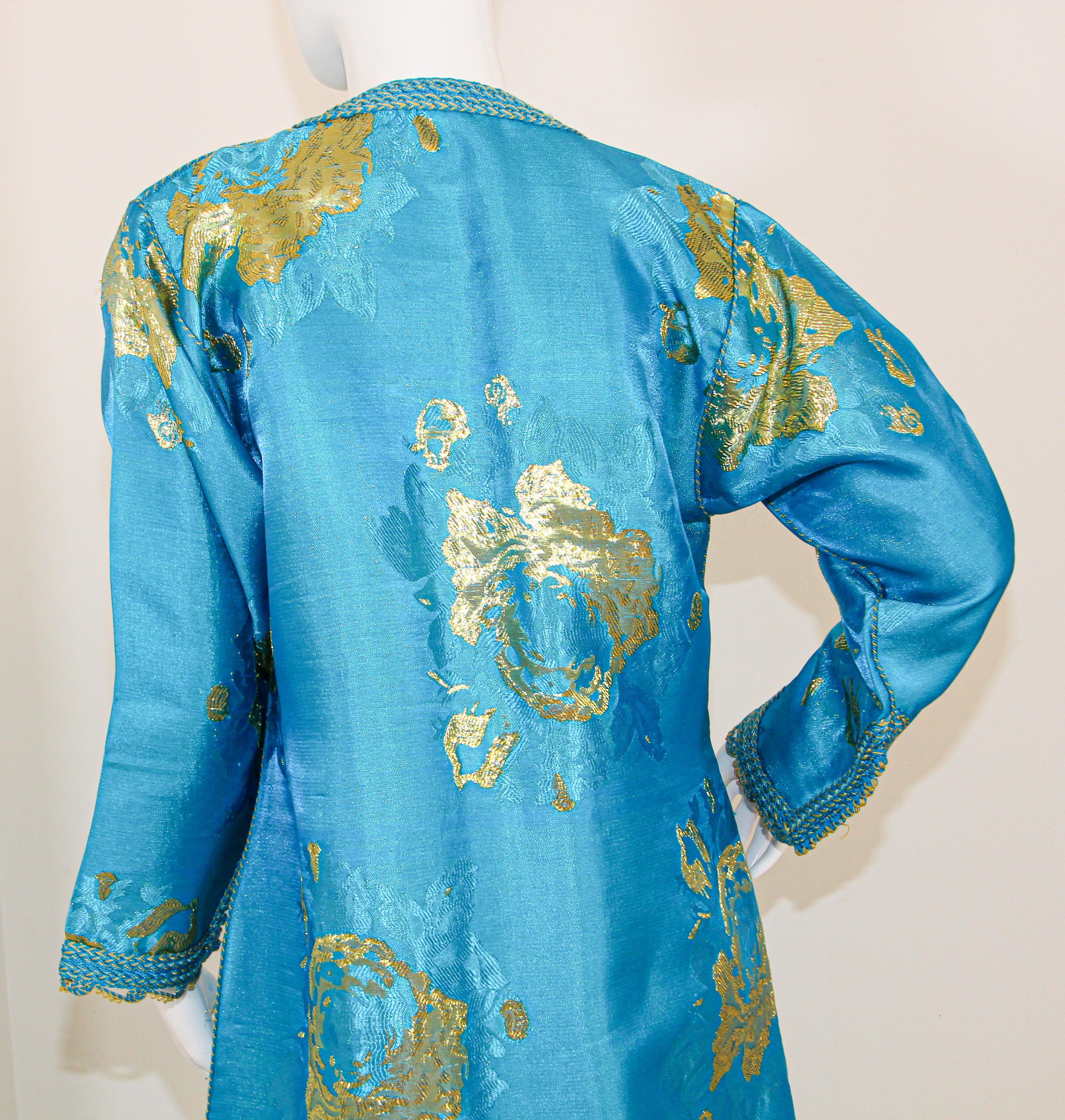 Moroccan Kaftan in Turquoise and Gold Floral Brocade Metallic Lame 5