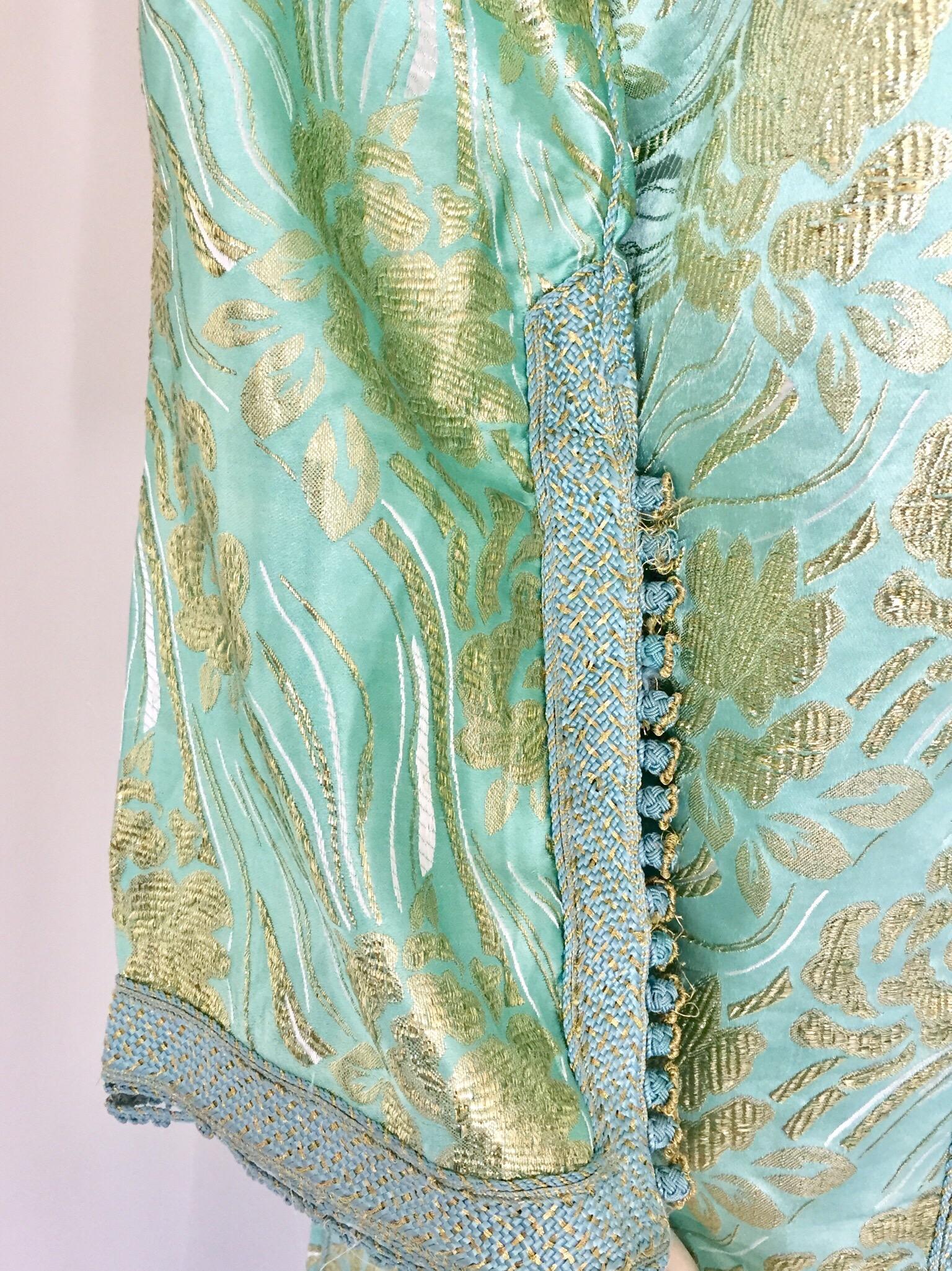 Moroccan Kaftan in Turquoise and Gold Floral Brocade Metallic Lame For Sale 5