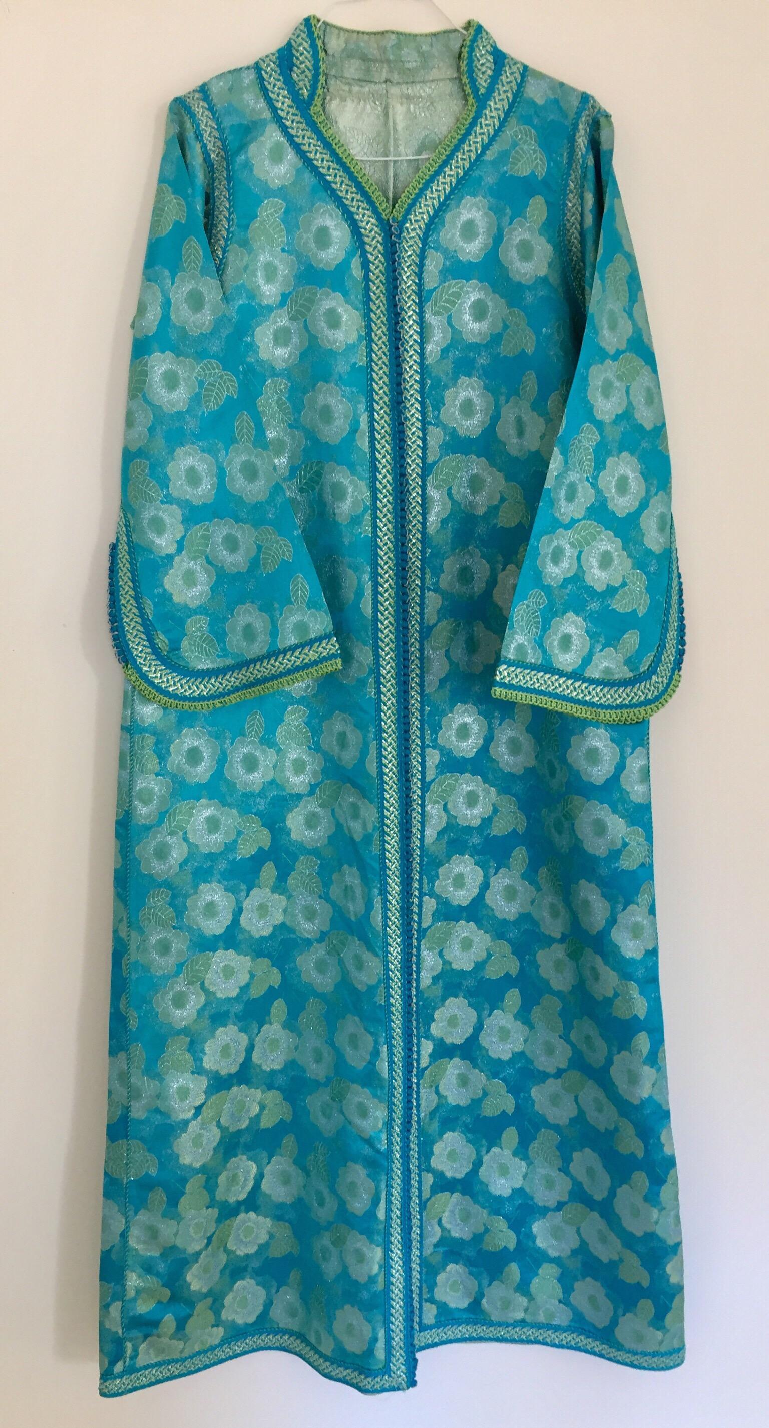 Vintage Moroccan Kaftan in Turquoise and Gold Floral Brocade For Sale 3