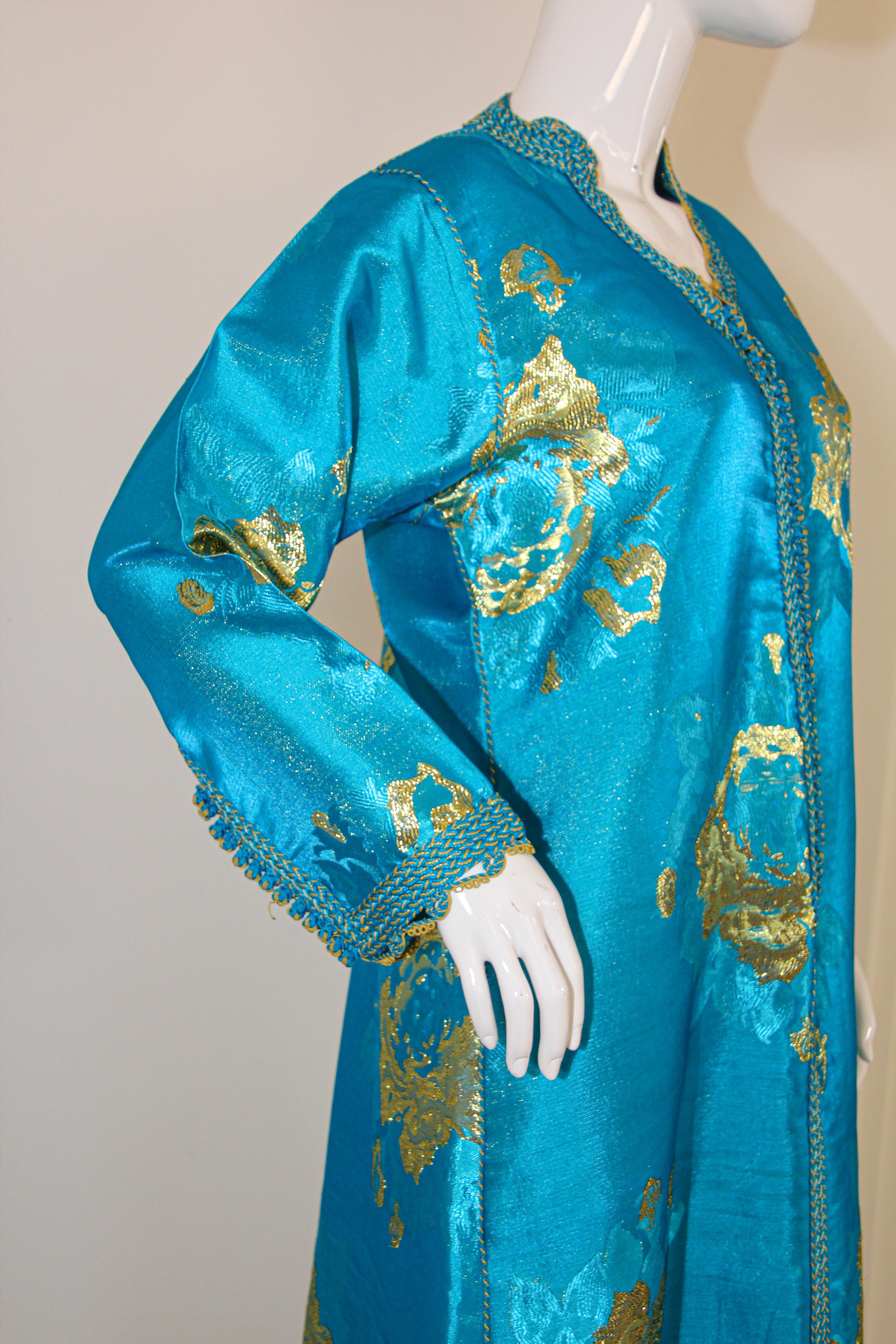 Moroccan Kaftan in Turquoise and Gold Floral Brocade Metallic Lame 7