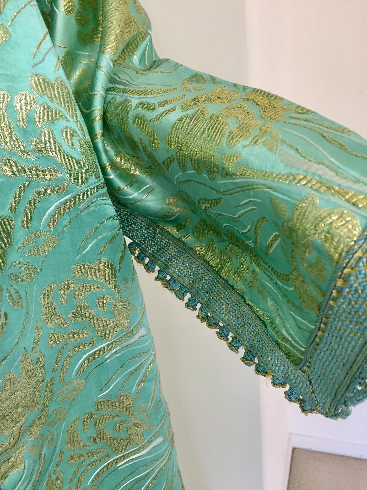 Moroccan Kaftan in Turquoise and Gold Floral Brocade Metallic Lame For Sale 6