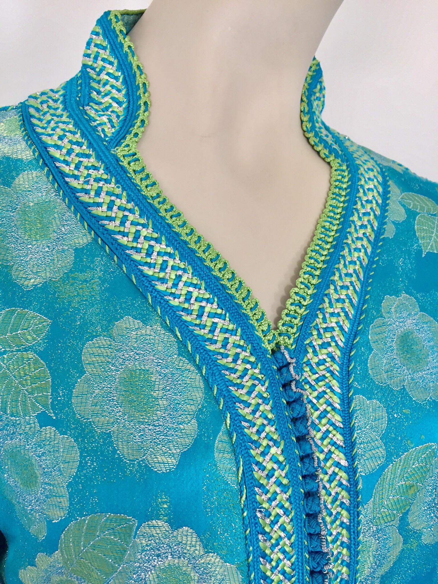 Vintage Moroccan Kaftan in Turquoise and Gold Floral Brocade For Sale 4