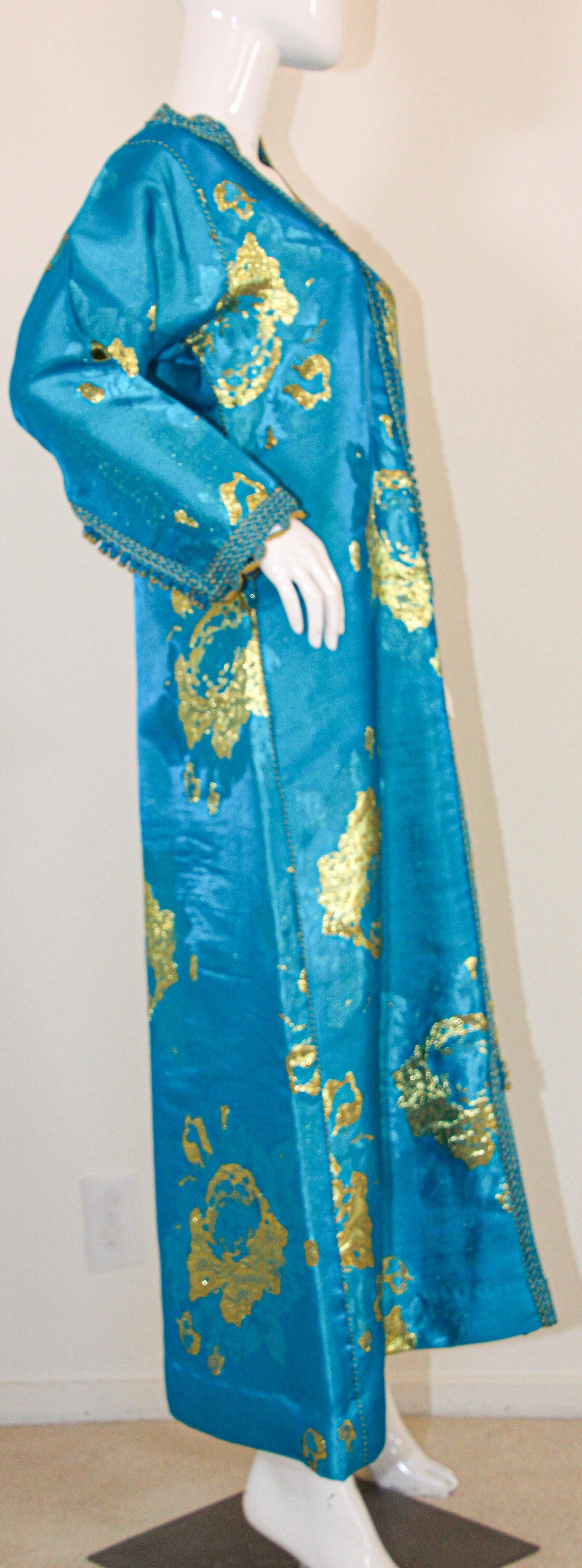 Moroccan Kaftan in Turquoise and Gold Floral Brocade Metallic Lame 8