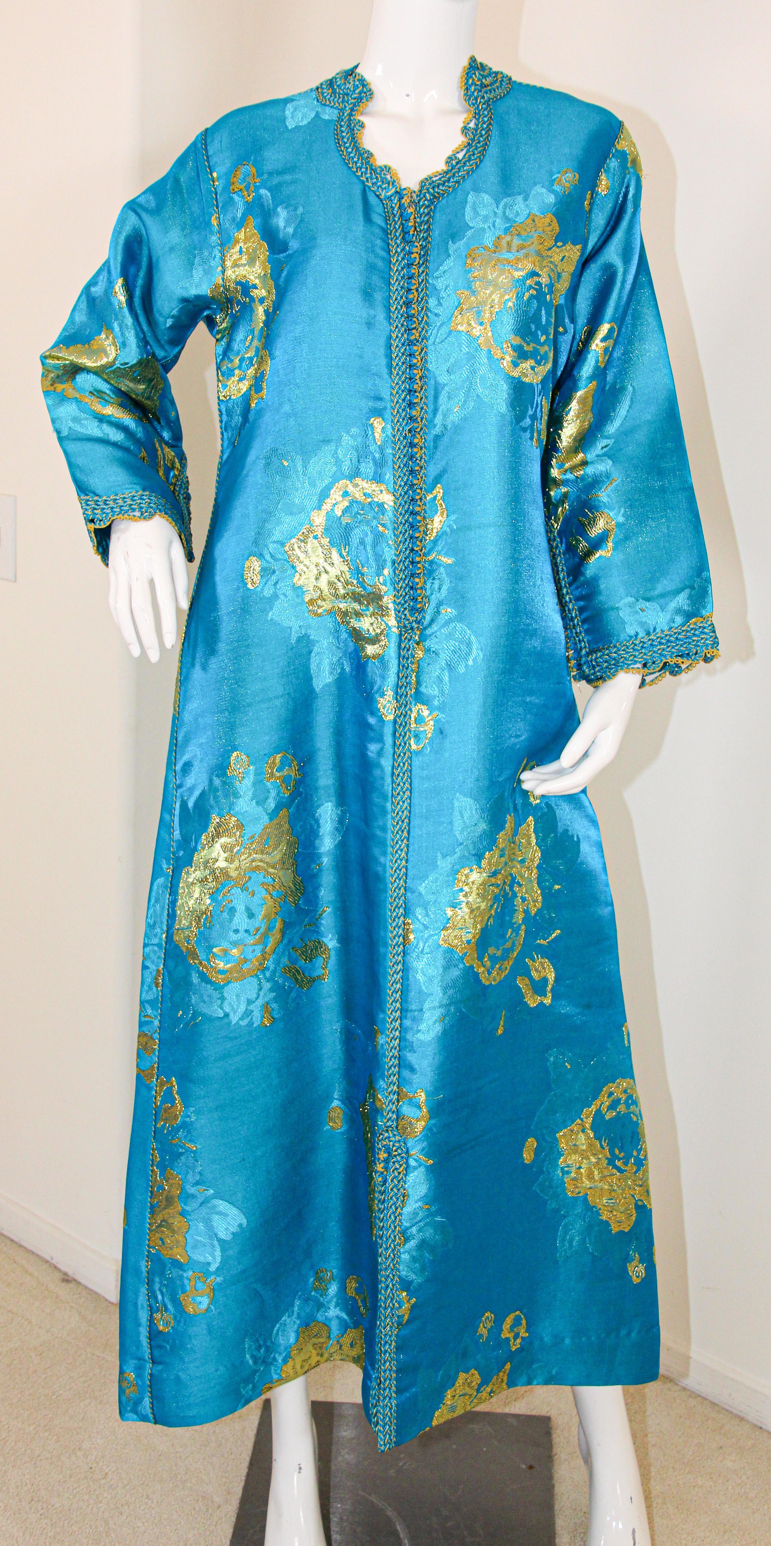 Moroccan Kaftan in Turquoise and Gold Floral Brocade Metallic Lame 9