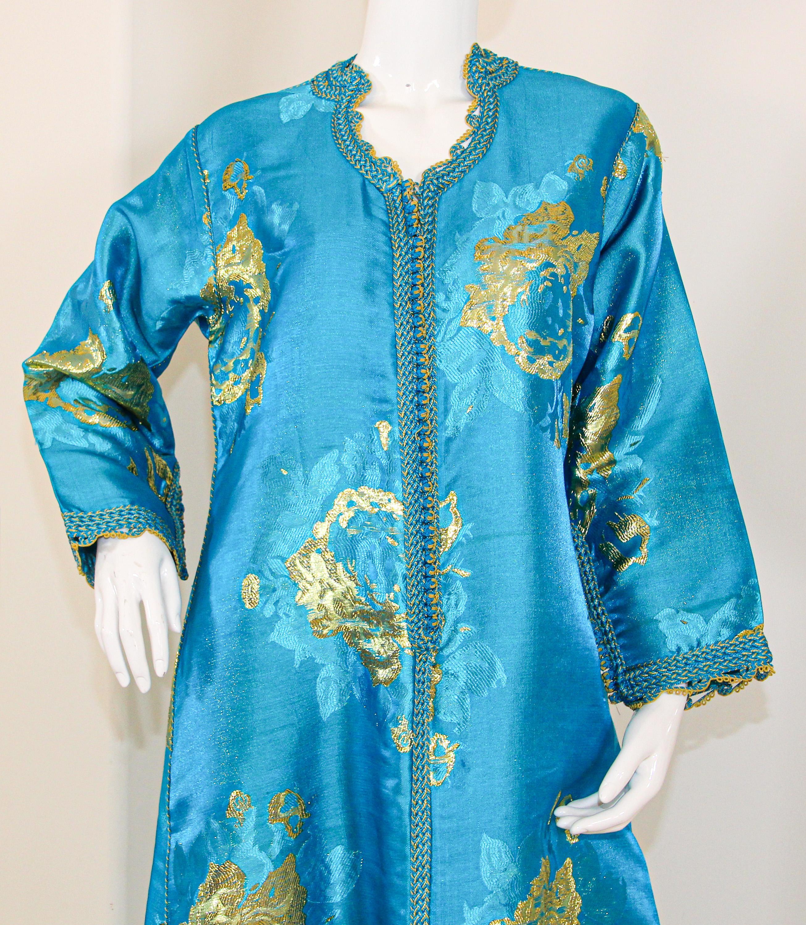 Moroccan Kaftan in Turquoise and Gold Floral Brocade Metallic Lame 10