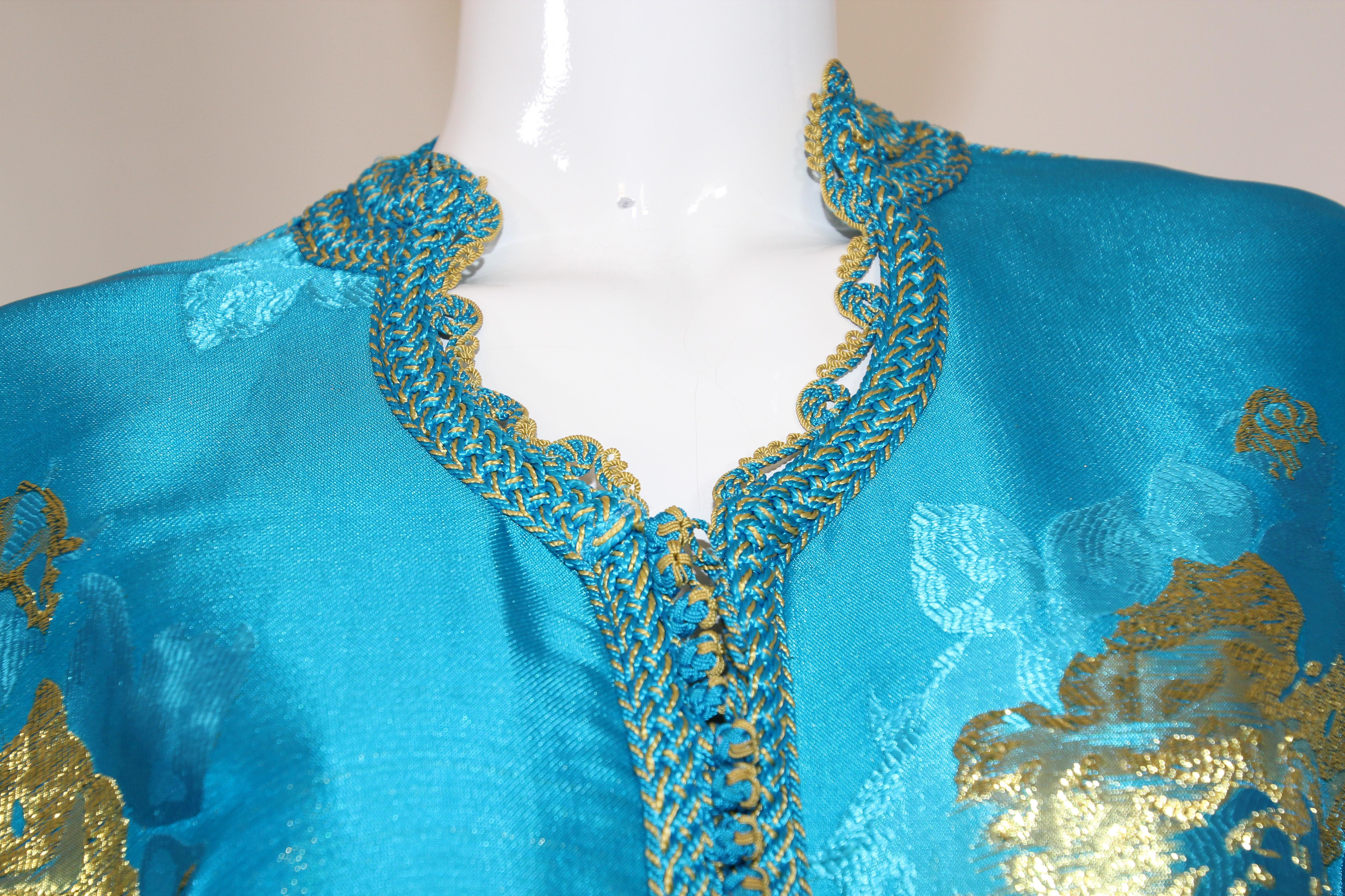 Moroccan Kaftan in Turquoise and Gold Floral Brocade Metallic Lame 11