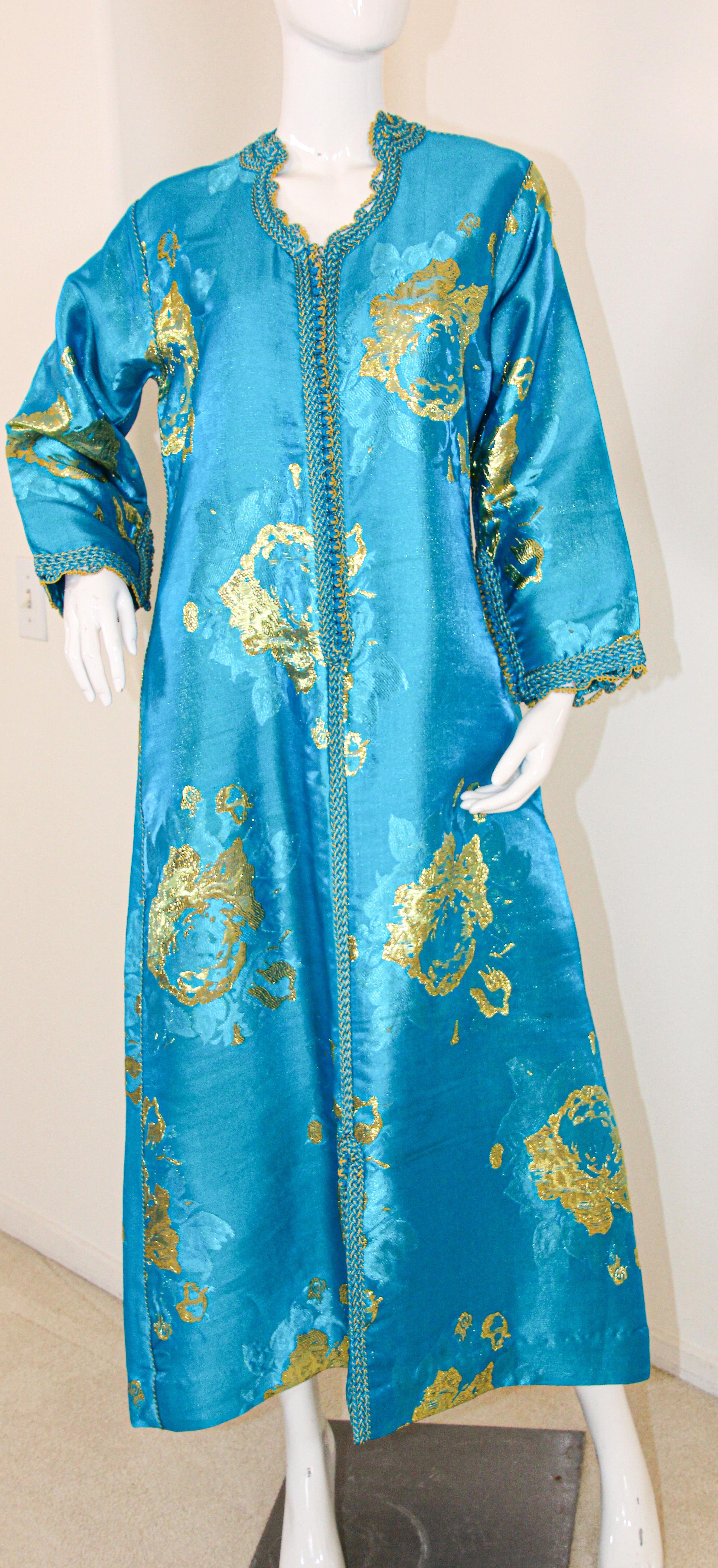 Moroccan Kaftan in Turquoise and Gold Floral Brocade Metallic Lame 12