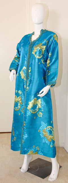 Moroccan Vintage Kaftan in Turquoise and Gold Floral Brocade Metallic Lame