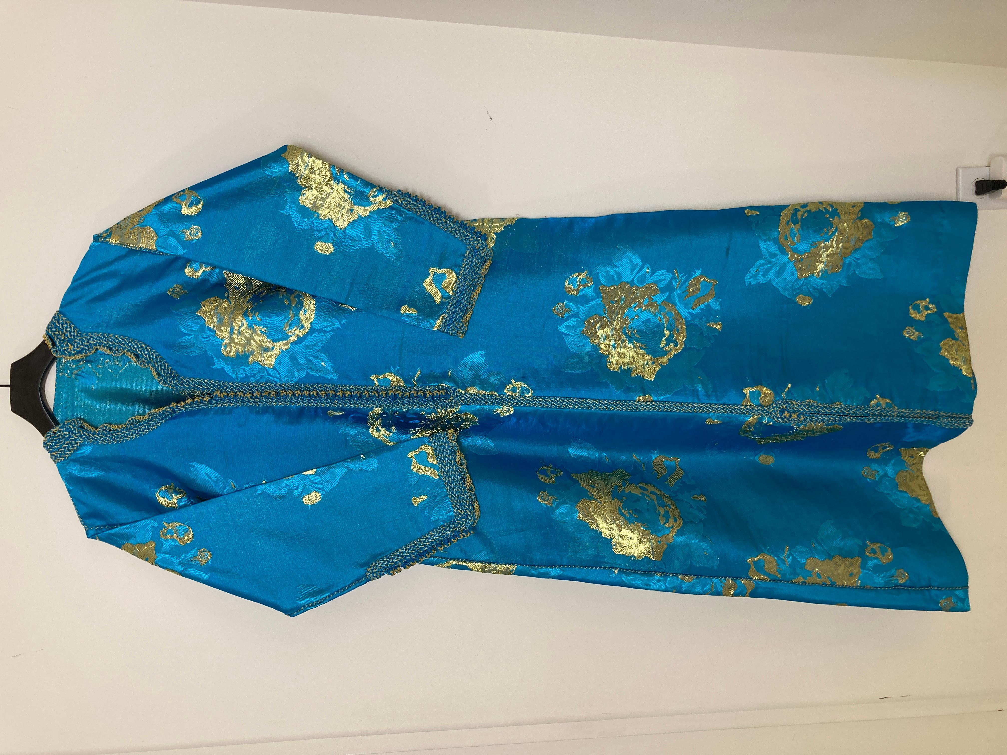 Moroccan Kaftan in Turquoise and Gold Floral Brocade Metallic Lame 13