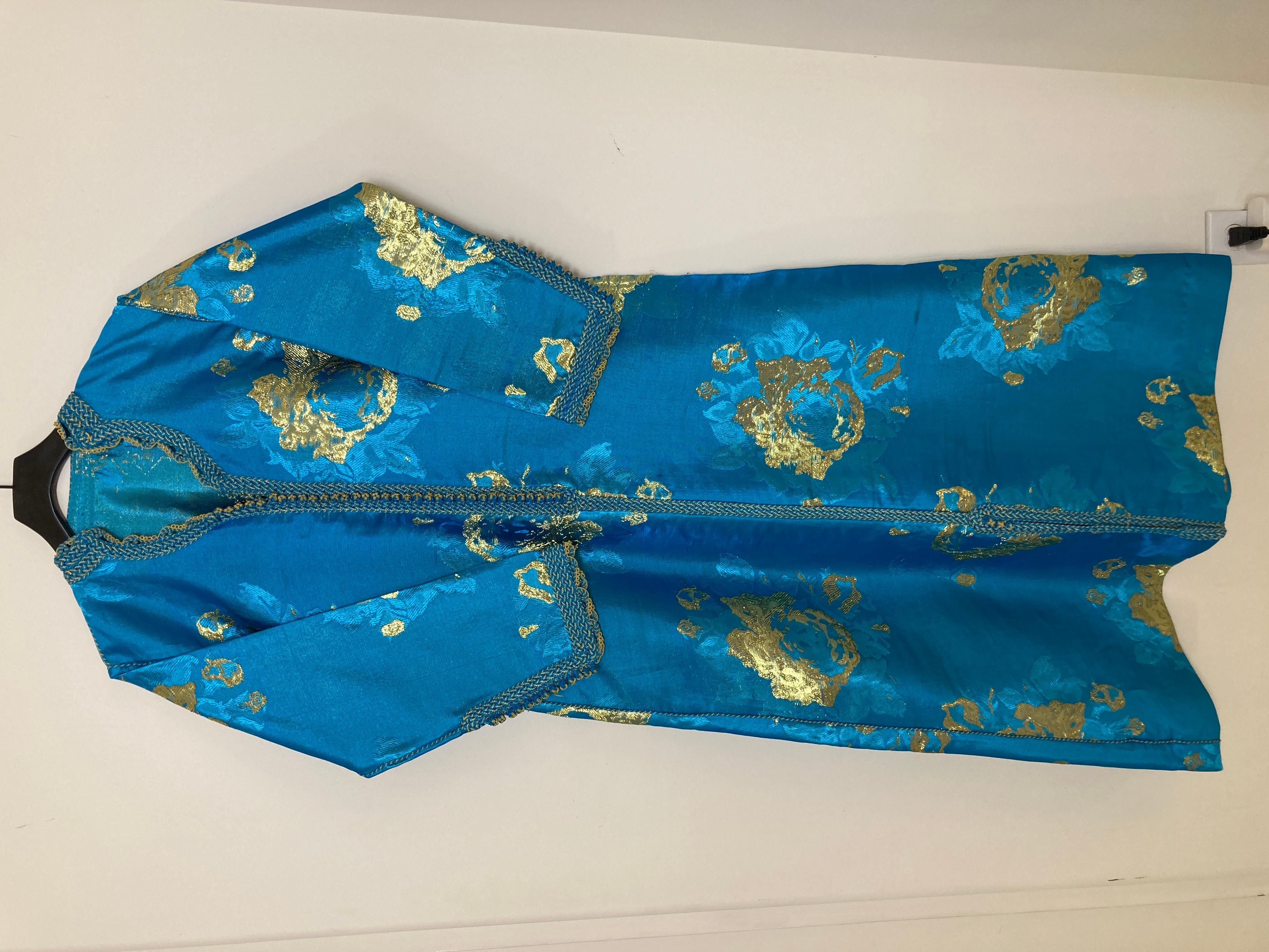 Moroccan Vintage Kaftan in Turquoise and Gold Floral Brocade Metallic Lame 13