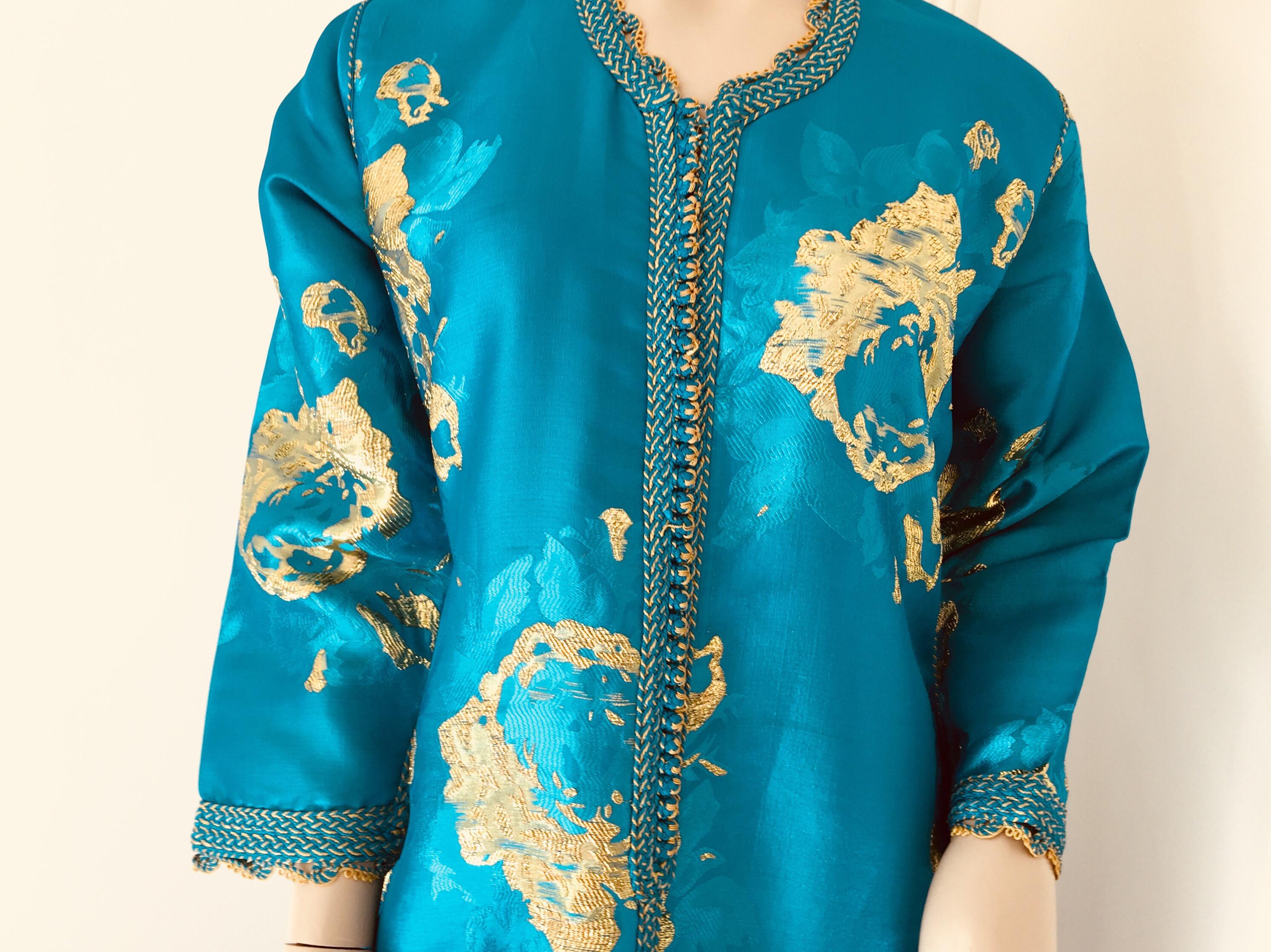 Moorish Moroccan Vintage Kaftan in Turquoise and Gold Floral Brocade Metallic Lame
