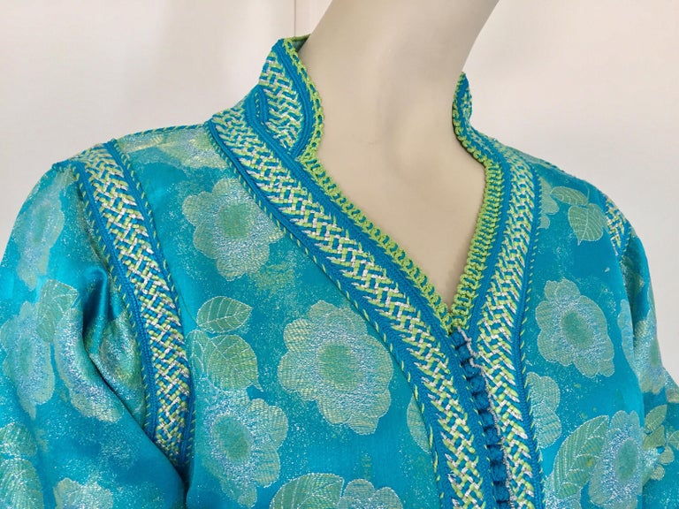 Moorish Moroccan Kaftan in Turquoise and Gold Floral Brocade Metallic Lame For Sale