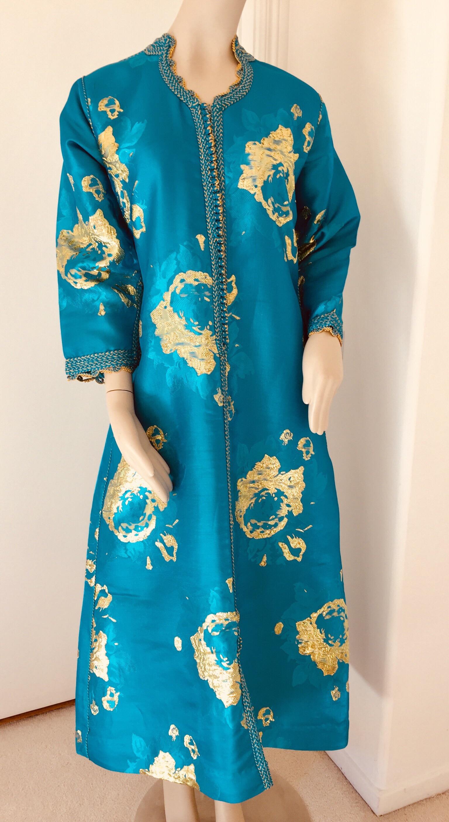 Hand-Crafted Moroccan Vintage Kaftan in Turquoise and Gold Floral Brocade Metallic Lame